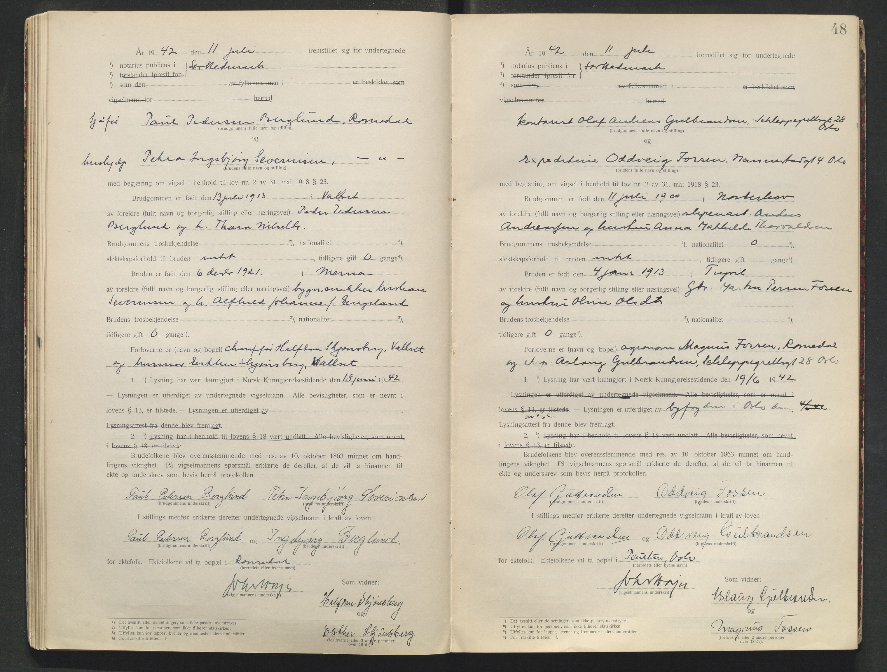 Sør-Hedmark sorenskriveri, AV/SAH-TING-014/L/Le/L0001/0002: Vigselbøker / Vigselbok, 1938-1942, p. 48