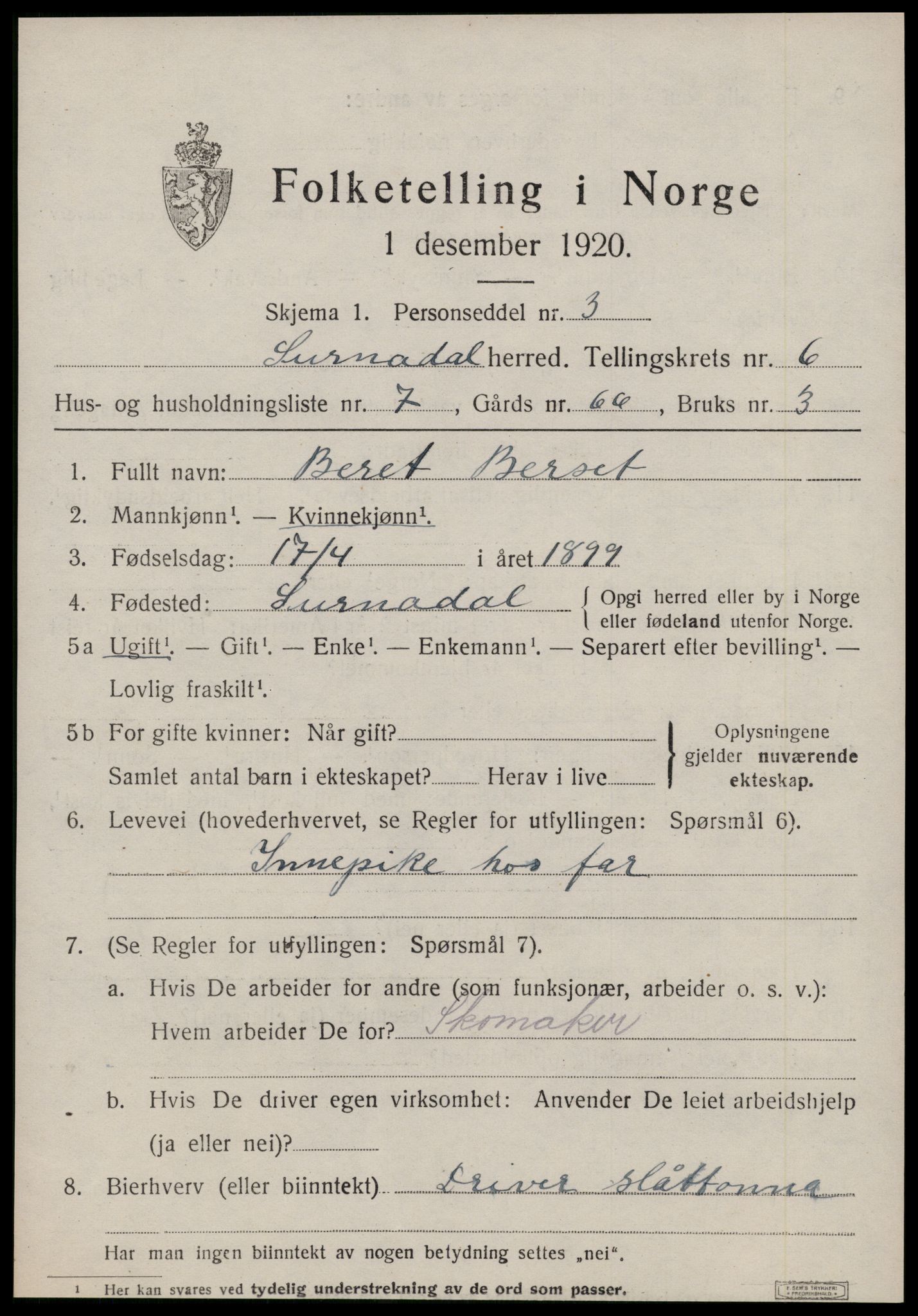 SAT, 1920 census for Surnadal, 1920, p. 4377