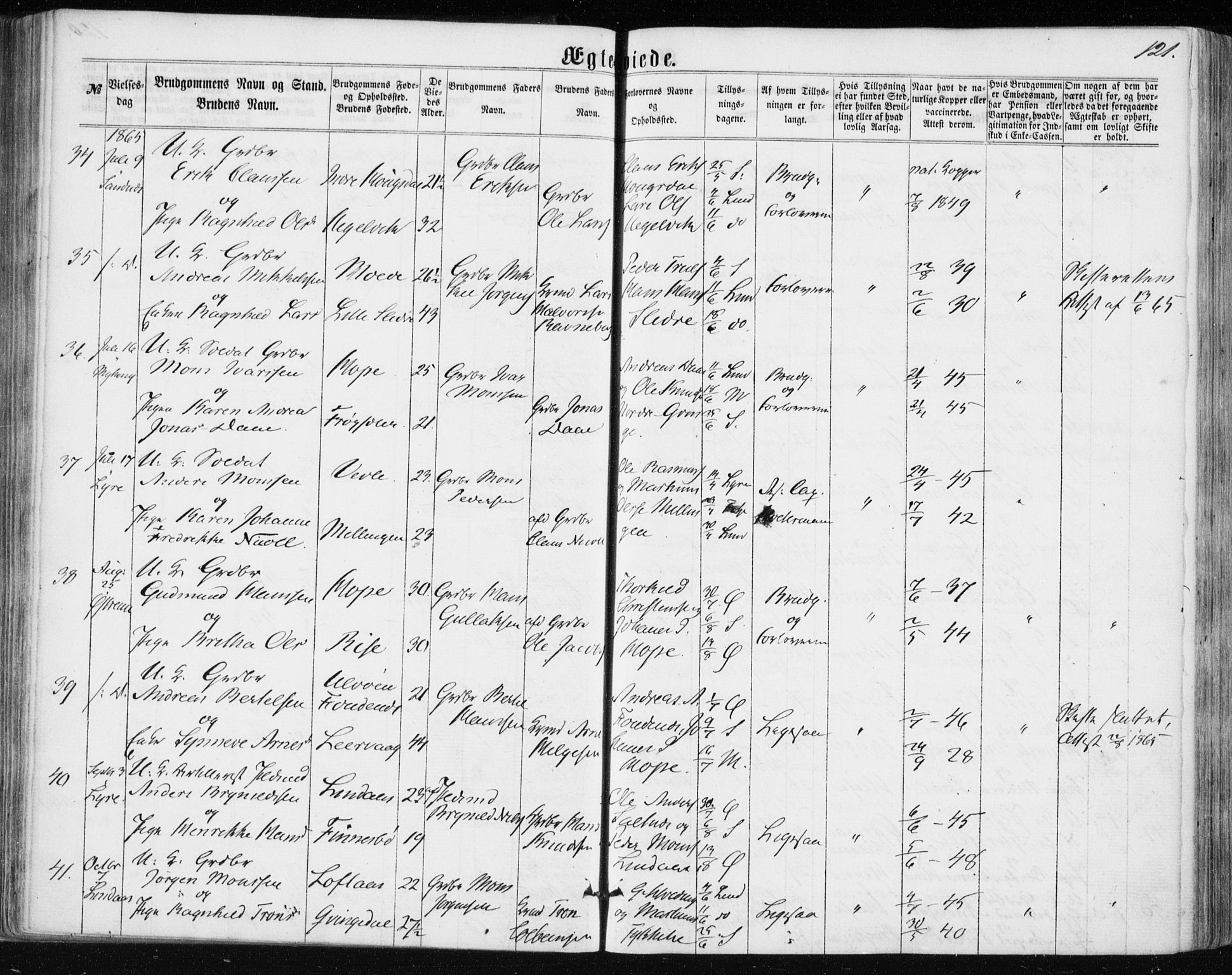 Lindås Sokneprestembete, AV/SAB-A-76701/H/Haa/Haaa/L0016: Parish register (official) no. A 16, 1863-1875, p. 121