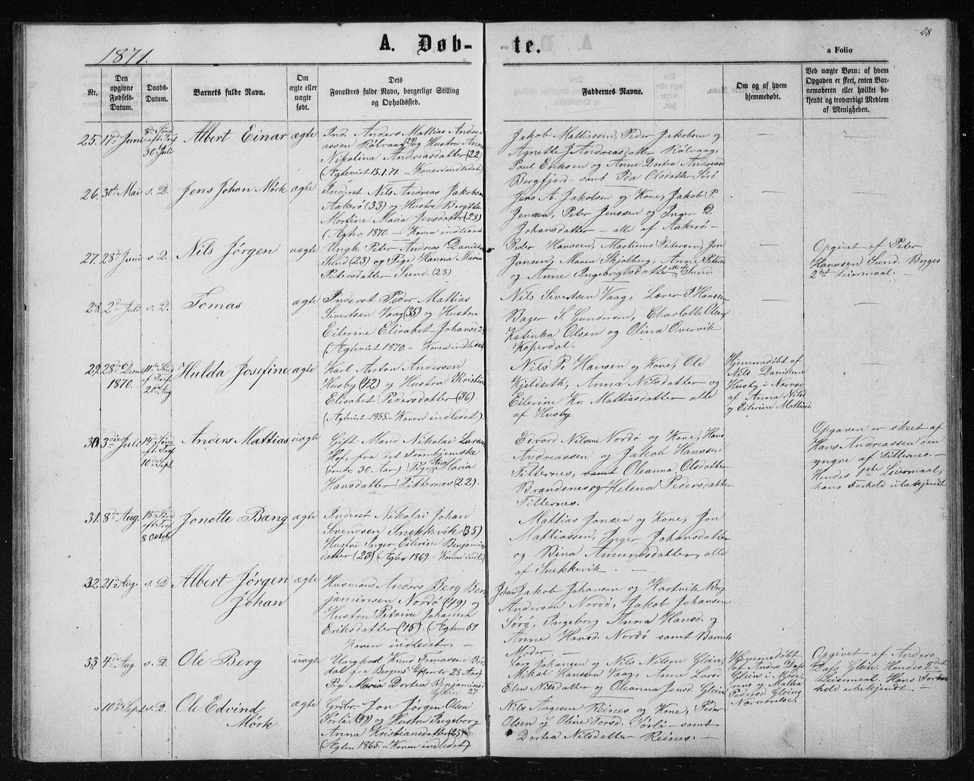 Ministerialprotokoller, klokkerbøker og fødselsregistre - Nordland, SAT/A-1459/835/L0531: Parish register (copy) no. 835C03, 1865-1877, p. 28