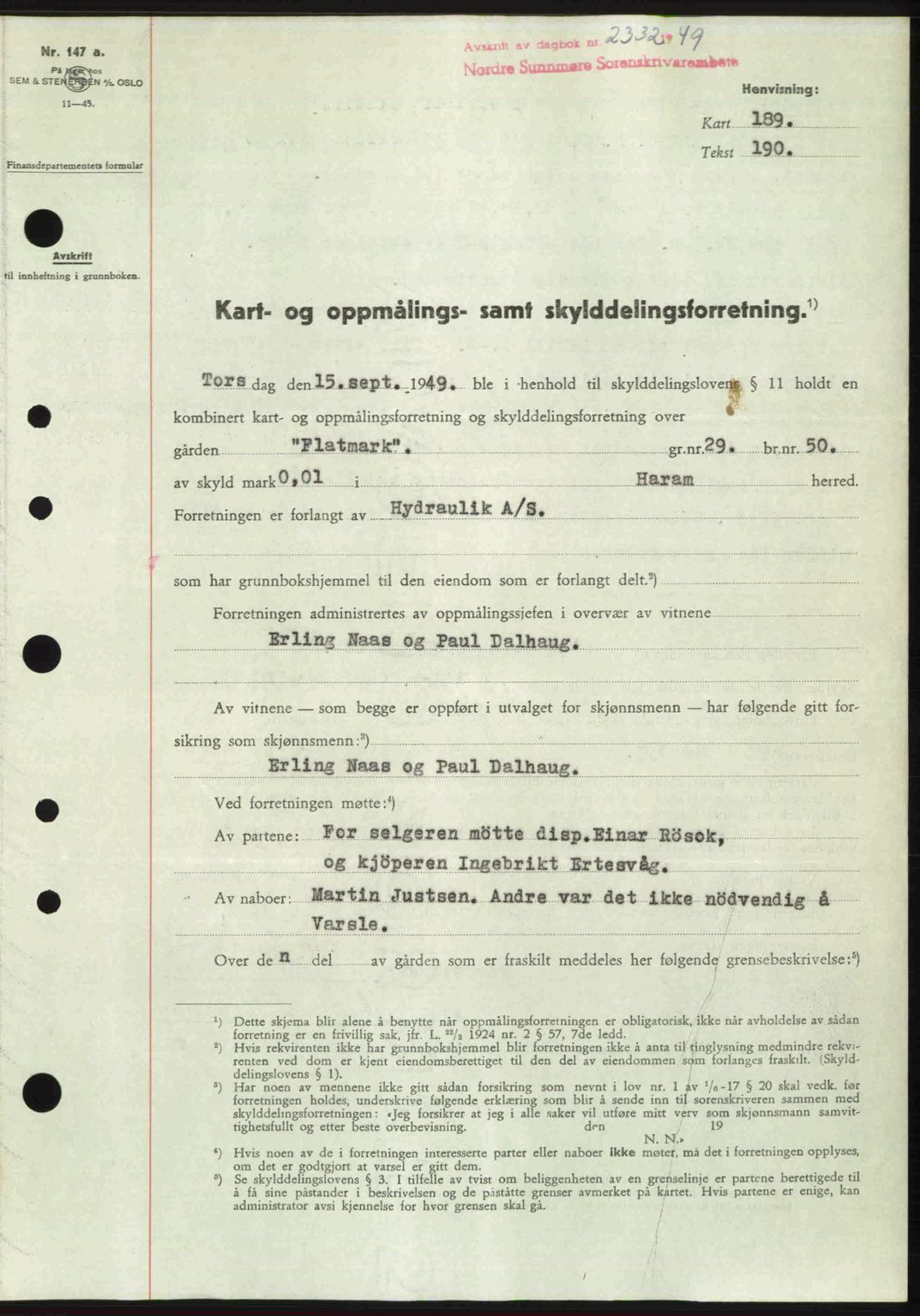 Nordre Sunnmøre sorenskriveri, AV/SAT-A-0006/1/2/2C/2Ca: Mortgage book no. A32, 1949-1949, Diary no: : 2332/1949