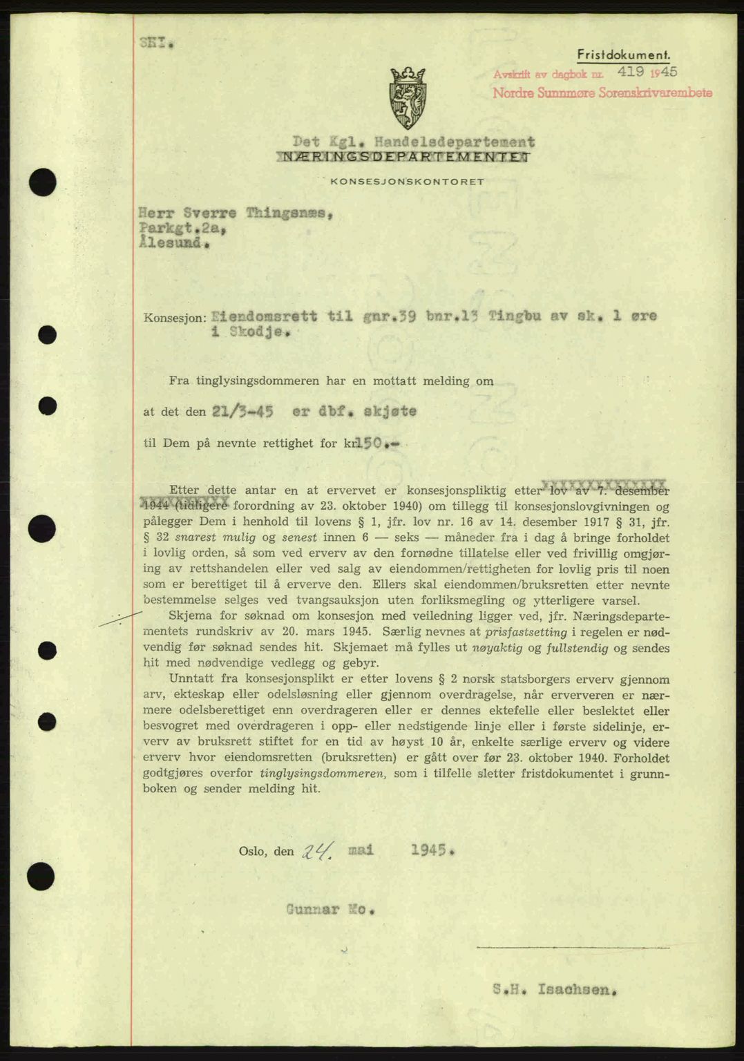 Nordre Sunnmøre sorenskriveri, SAT/A-0006/1/2/2C/2Ca: Mortgage book no. B6-14 a, 1942-1945, Diary no: : 419/1945