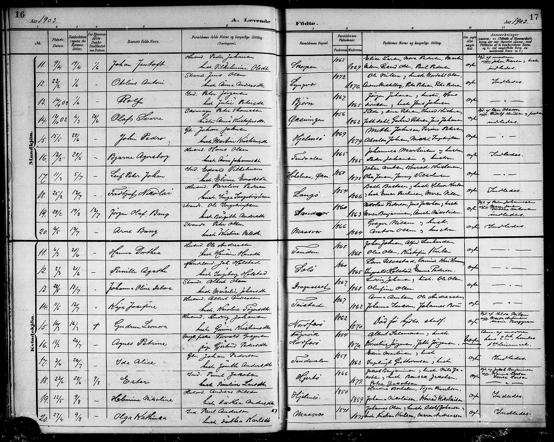 Ministerialprotokoller, klokkerbøker og fødselsregistre - Nordland, SAT/A-1459/834/L0516: Parish register (copy) no. 834C06, 1902-1918, p. 16-17