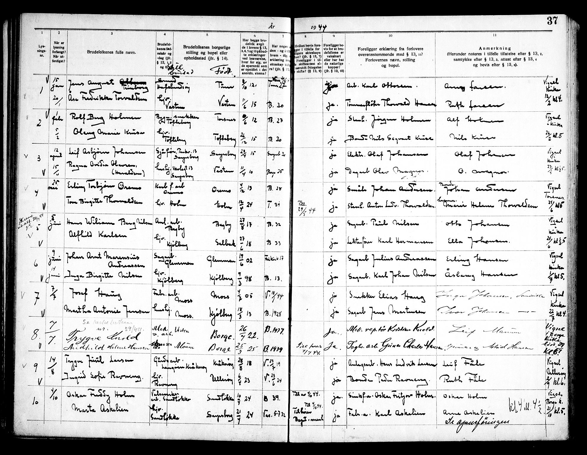 Borge prestekontor Kirkebøker, SAO/A-10903/H/Ha/L0002: Banns register no. I 2, 1937-1956, p. 37