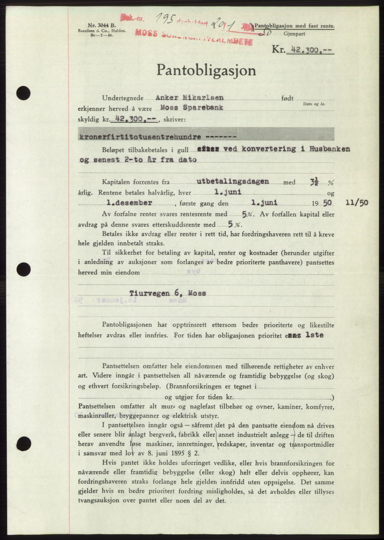 Moss sorenskriveri, SAO/A-10168: Mortgage book no. B23, 1949-1950, Diary no: : 195/1950