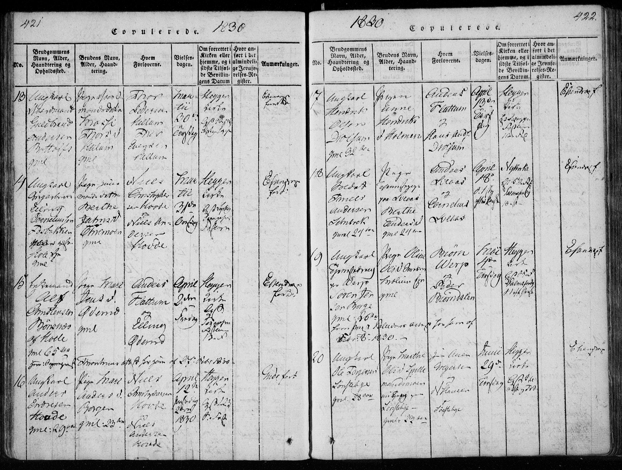 Modum kirkebøker, AV/SAKO-A-234/F/Fa/L0005: Parish register (official) no. 5, 1824-1841, p. 421-422