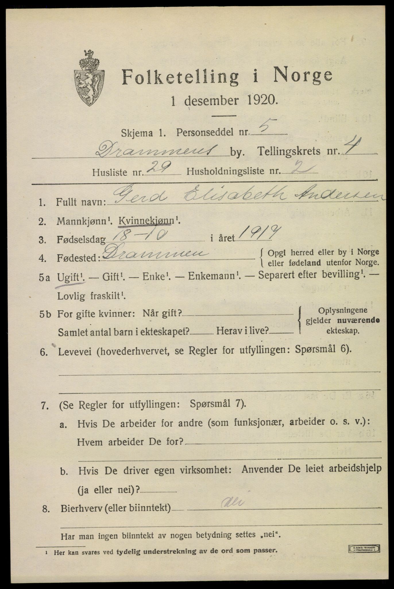 SAKO, 1920 census for Drammen, 1920, p. 33285