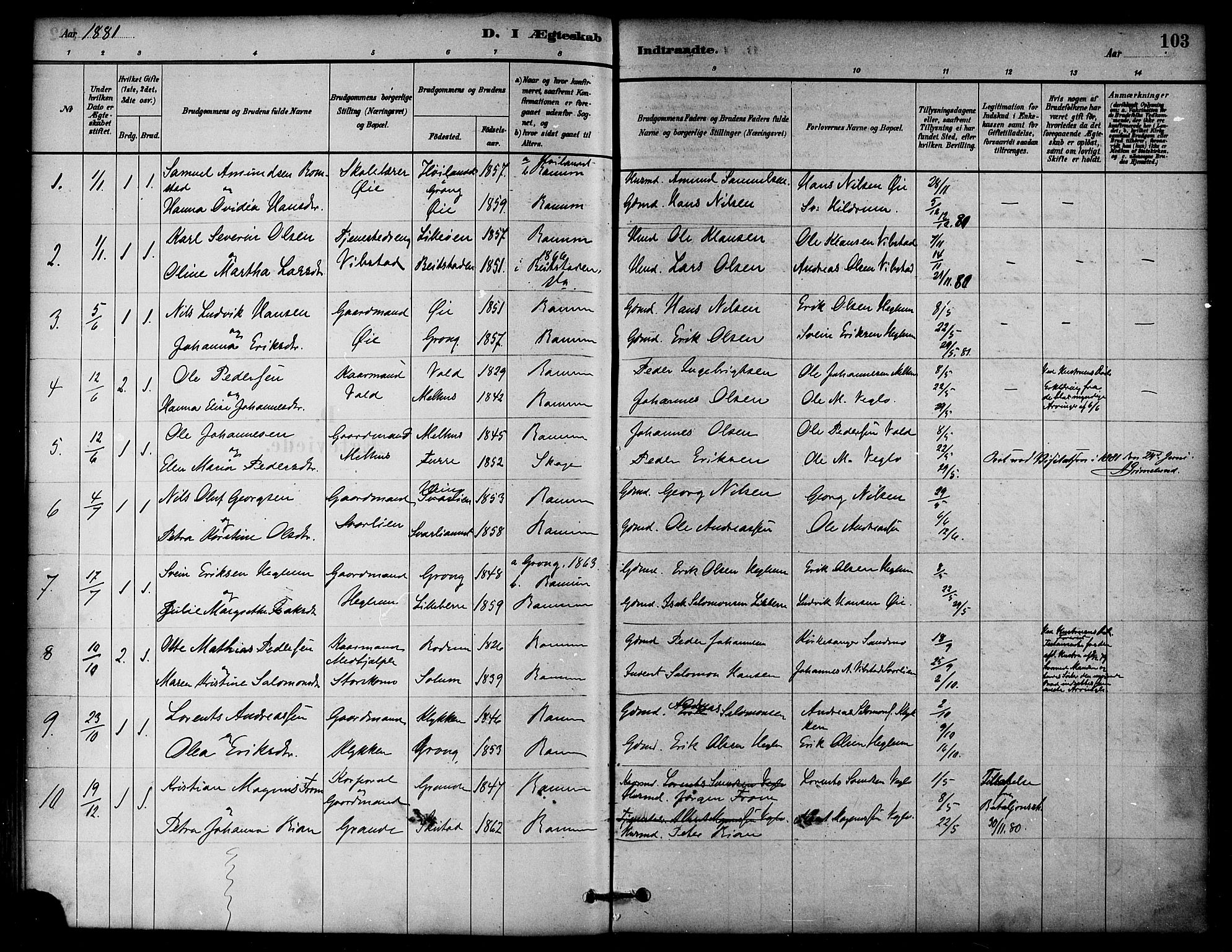 Ministerialprotokoller, klokkerbøker og fødselsregistre - Nord-Trøndelag, SAT/A-1458/764/L0555: Parish register (official) no. 764A10, 1881-1896, p. 103