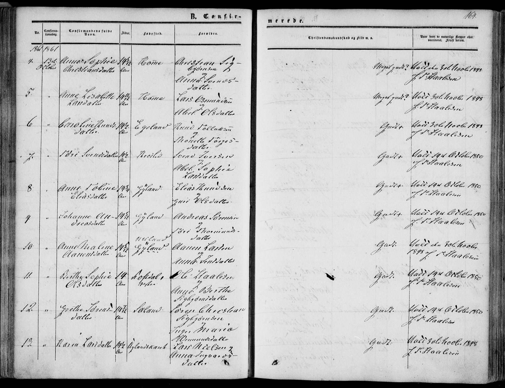 Bakke sokneprestkontor, SAK/1111-0002/F/Fa/Fab/L0002: Parish register (official) no. A 2, 1855-1884, p. 164