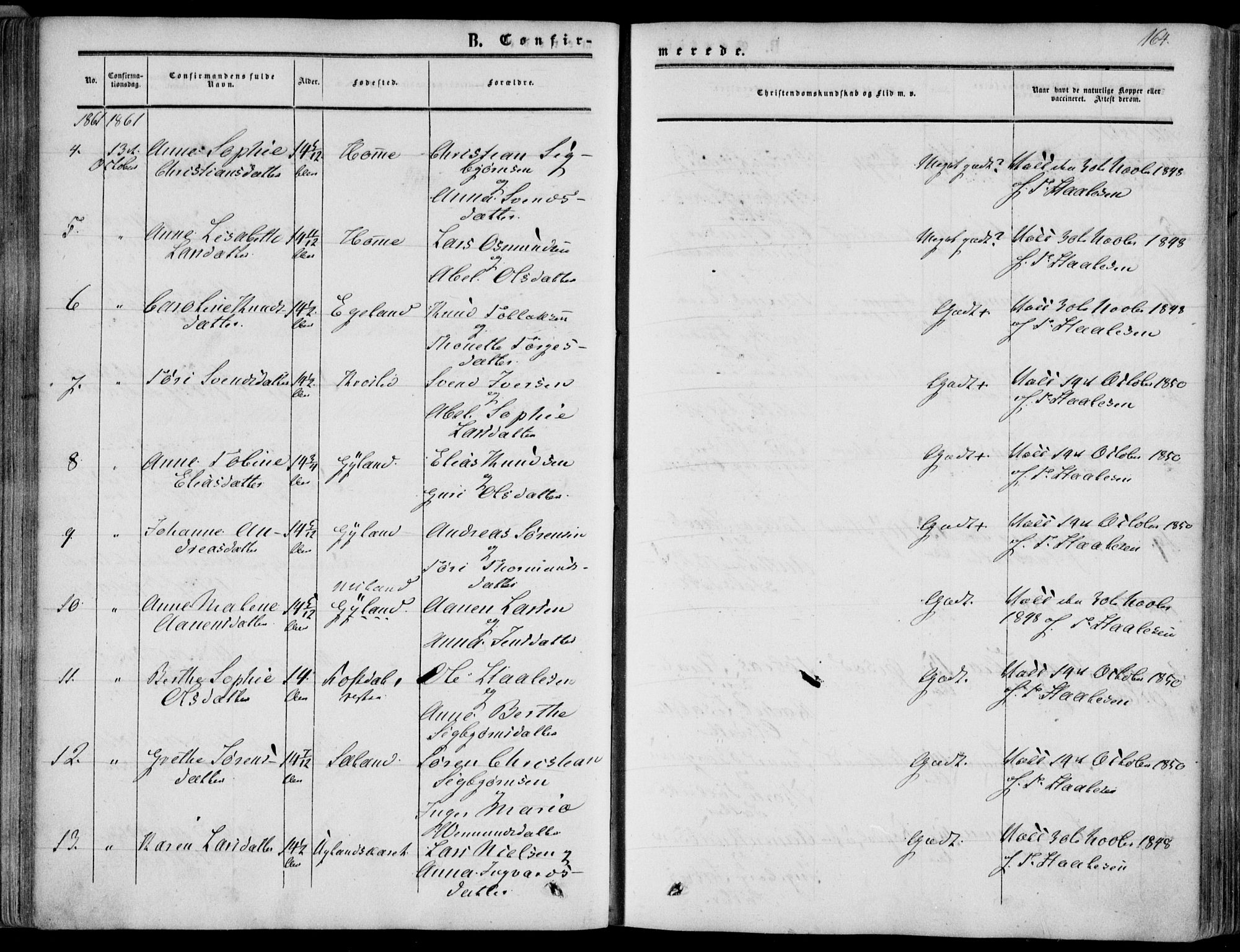 Bakke sokneprestkontor, AV/SAK-1111-0002/F/Fa/Fab/L0002: Parish register (official) no. A 2, 1855-1884, p. 164