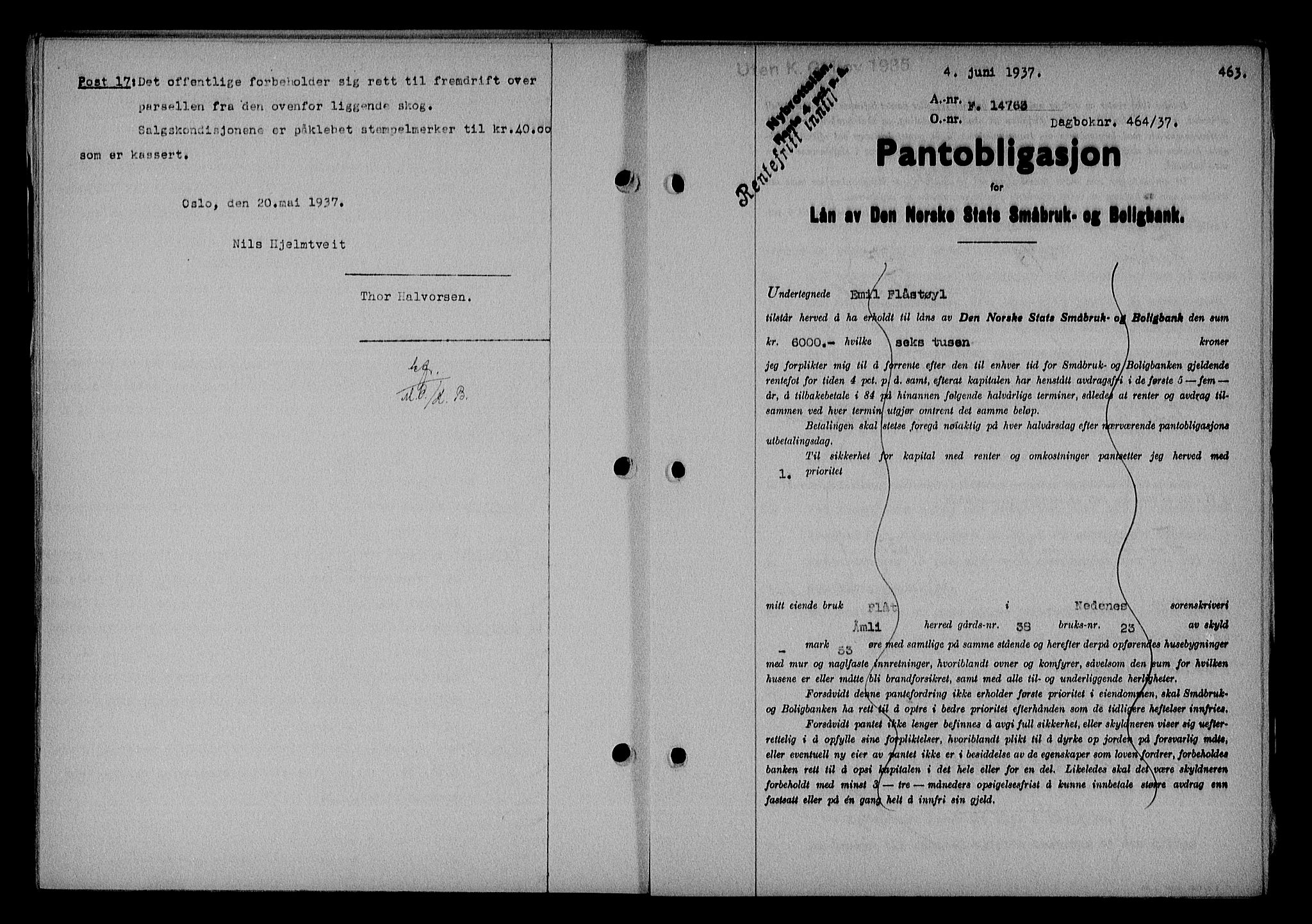 Nedenes sorenskriveri, SAK/1221-0006/G/Gb/Gba/L0043: Mortgage book no. 39, 1936-1937, Diary no: : 464/1937