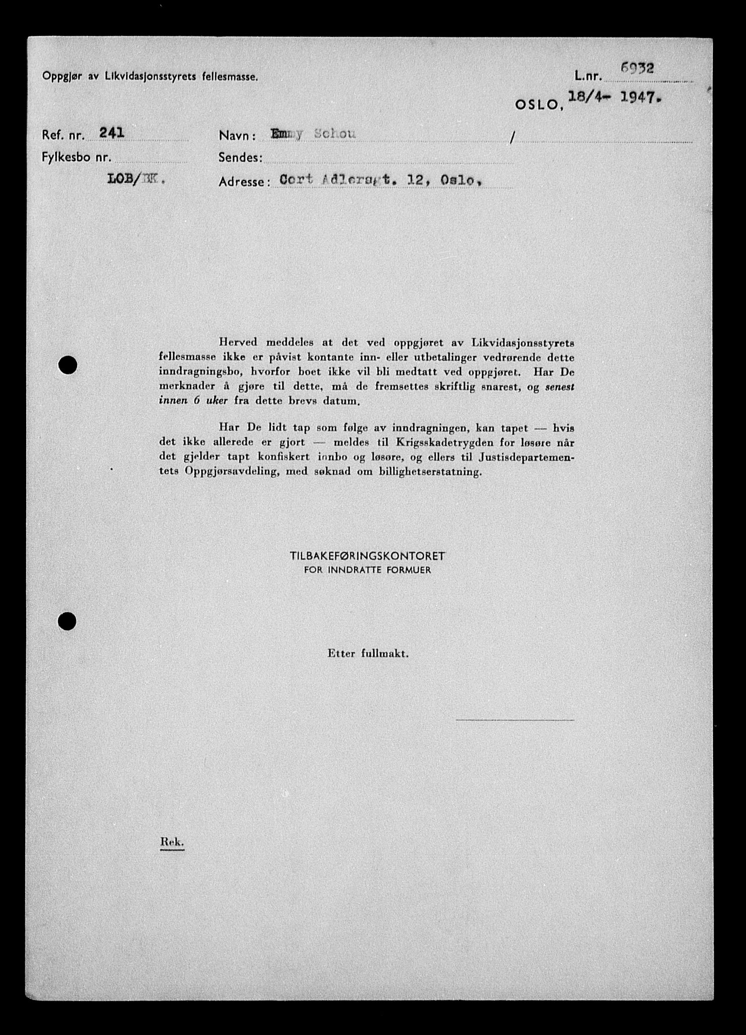 Justisdepartementet, Tilbakeføringskontoret for inndratte formuer, AV/RA-S-1564/H/Hc/Hcc/L0979: --, 1945-1947, p. 40