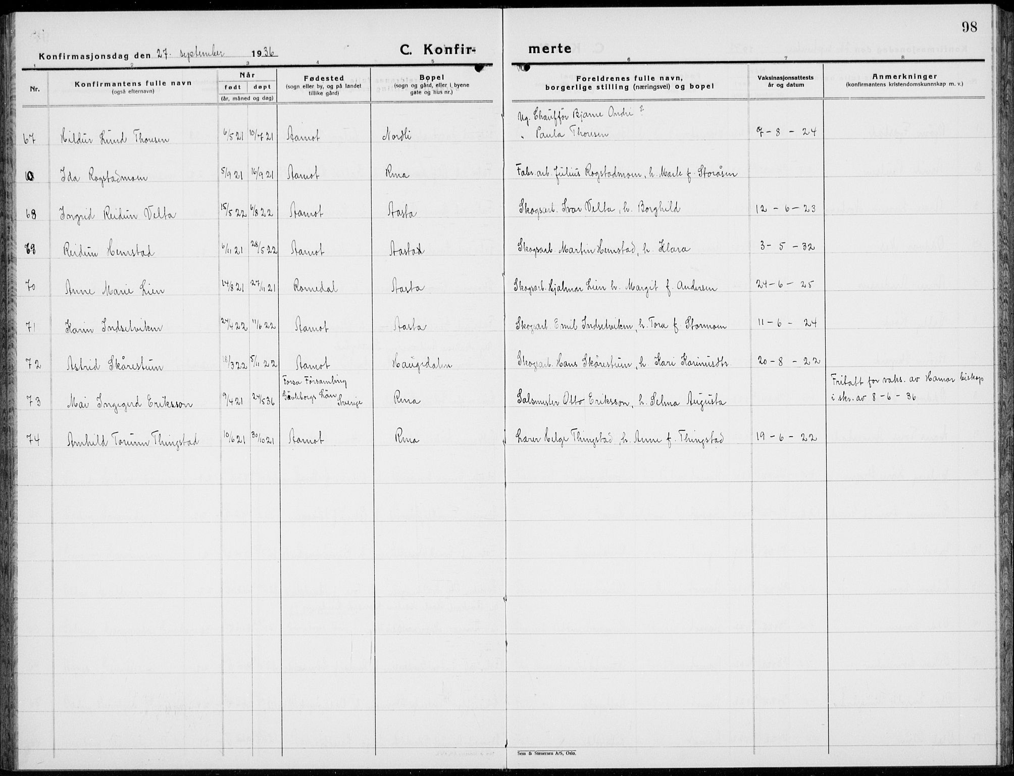 Åmot prestekontor, Hedmark, AV/SAH-PREST-056/H/Ha/Hab/L0006: Parish register (copy) no. 6, 1930-1937, p. 98