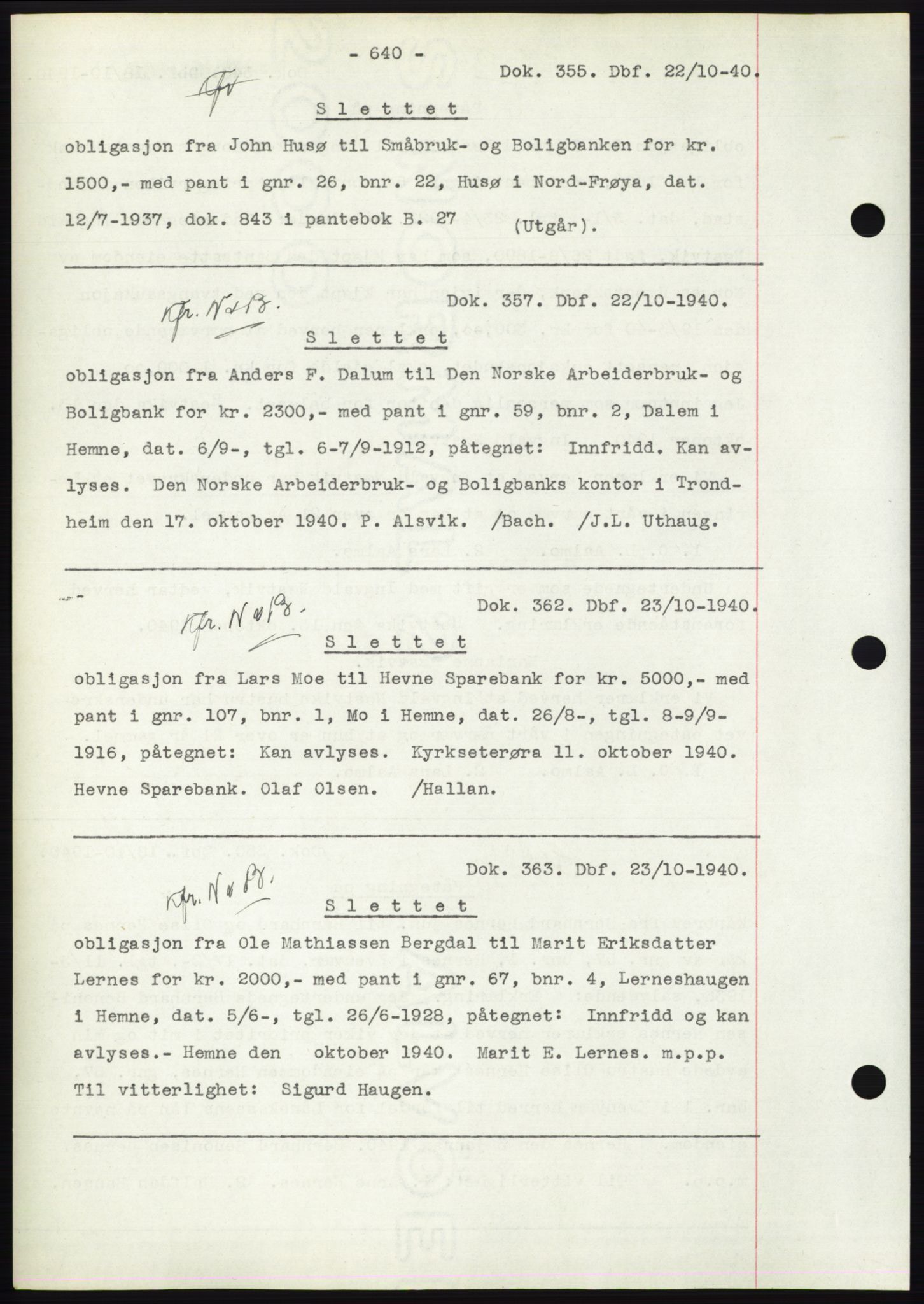 Hitra sorenskriveri, AV/SAT-A-0018/2/2C/2Ca: Mortgage book no. C1, 1936-1945, Diary no: : 355/1940