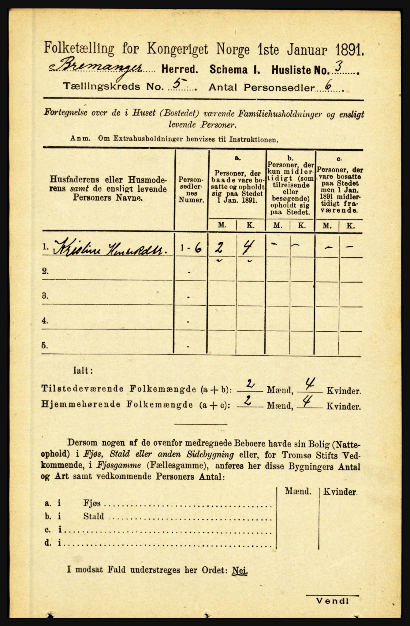 RA, 1891 census for 1438 Bremanger, 1891, p. 1911