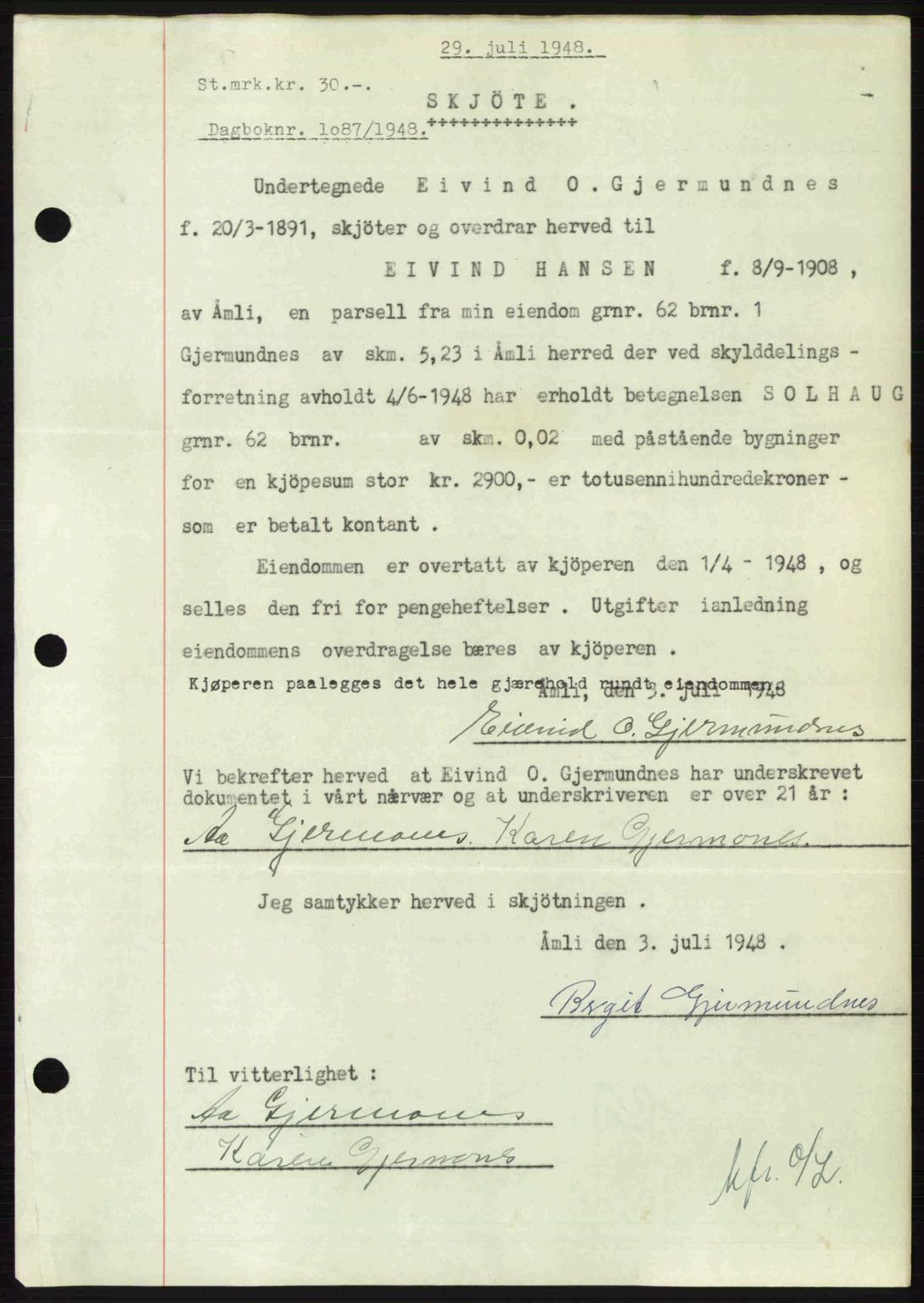 Nedenes sorenskriveri, SAK/1221-0006/G/Gb/Gba/L0059: Mortgage book no. A11, 1948-1948, Diary no: : 1087/1948