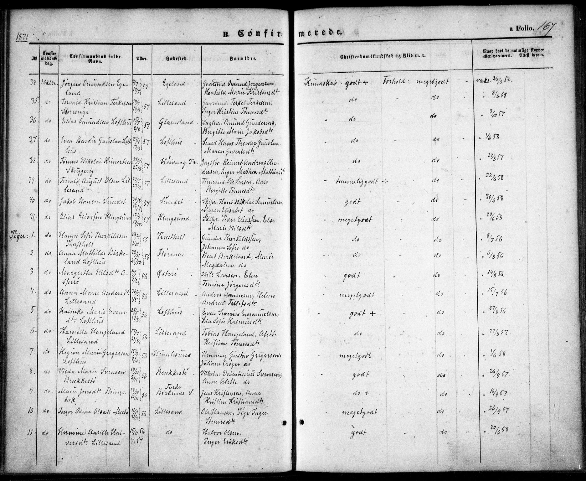 Vestre Moland sokneprestkontor, SAK/1111-0046/F/Fa/Fab/L0007: Parish register (official) no. A 7, 1859-1872, p. 167