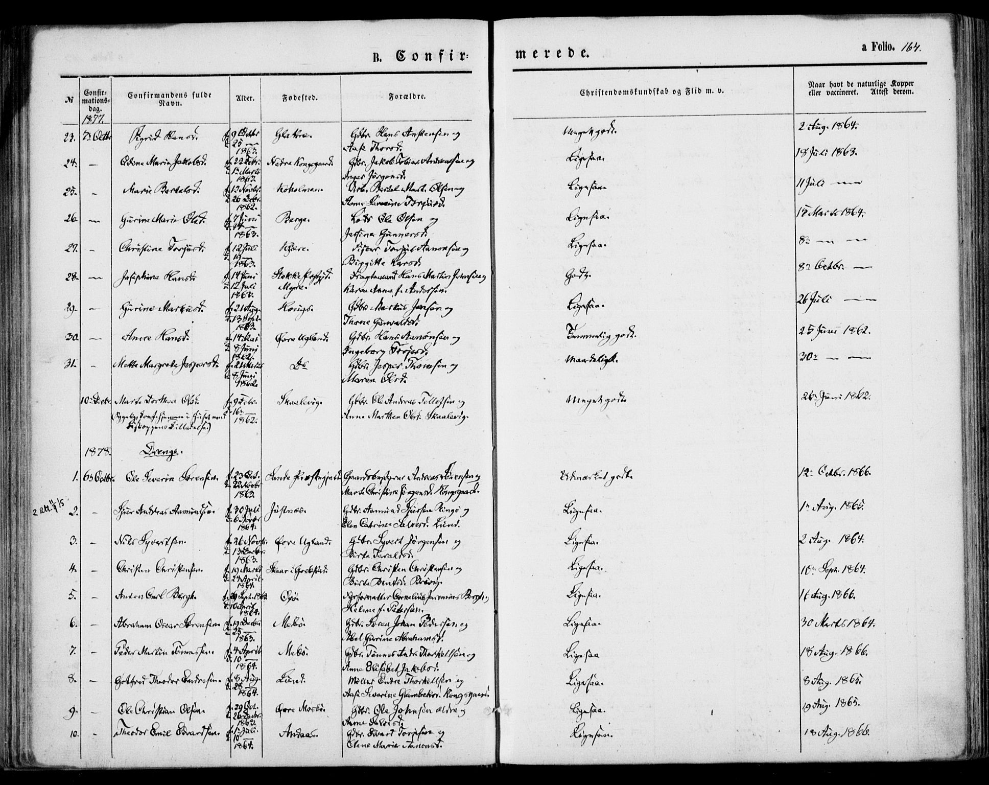 Oddernes sokneprestkontor, AV/SAK-1111-0033/F/Fa/Faa/L0008: Parish register (official) no. A 8, 1864-1880, p. 164