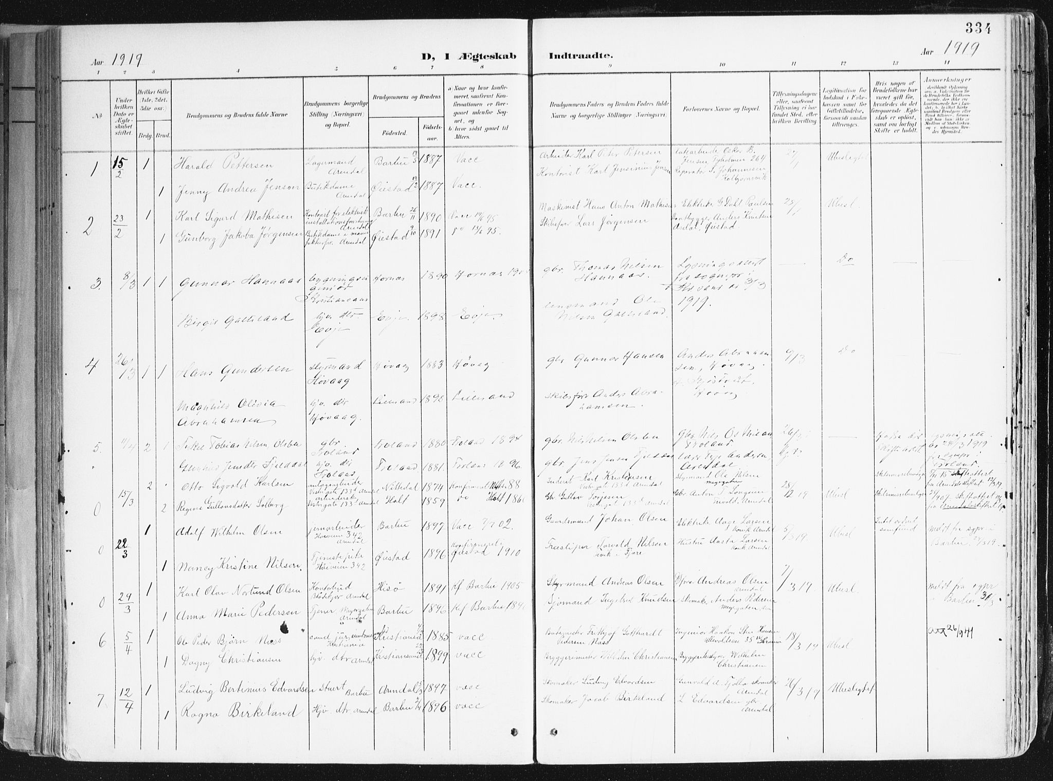 Arendal sokneprestkontor, Trefoldighet, SAK/1111-0040/F/Fa/L0010: Parish register (official) no. A 10, 1900-1919, p. 334