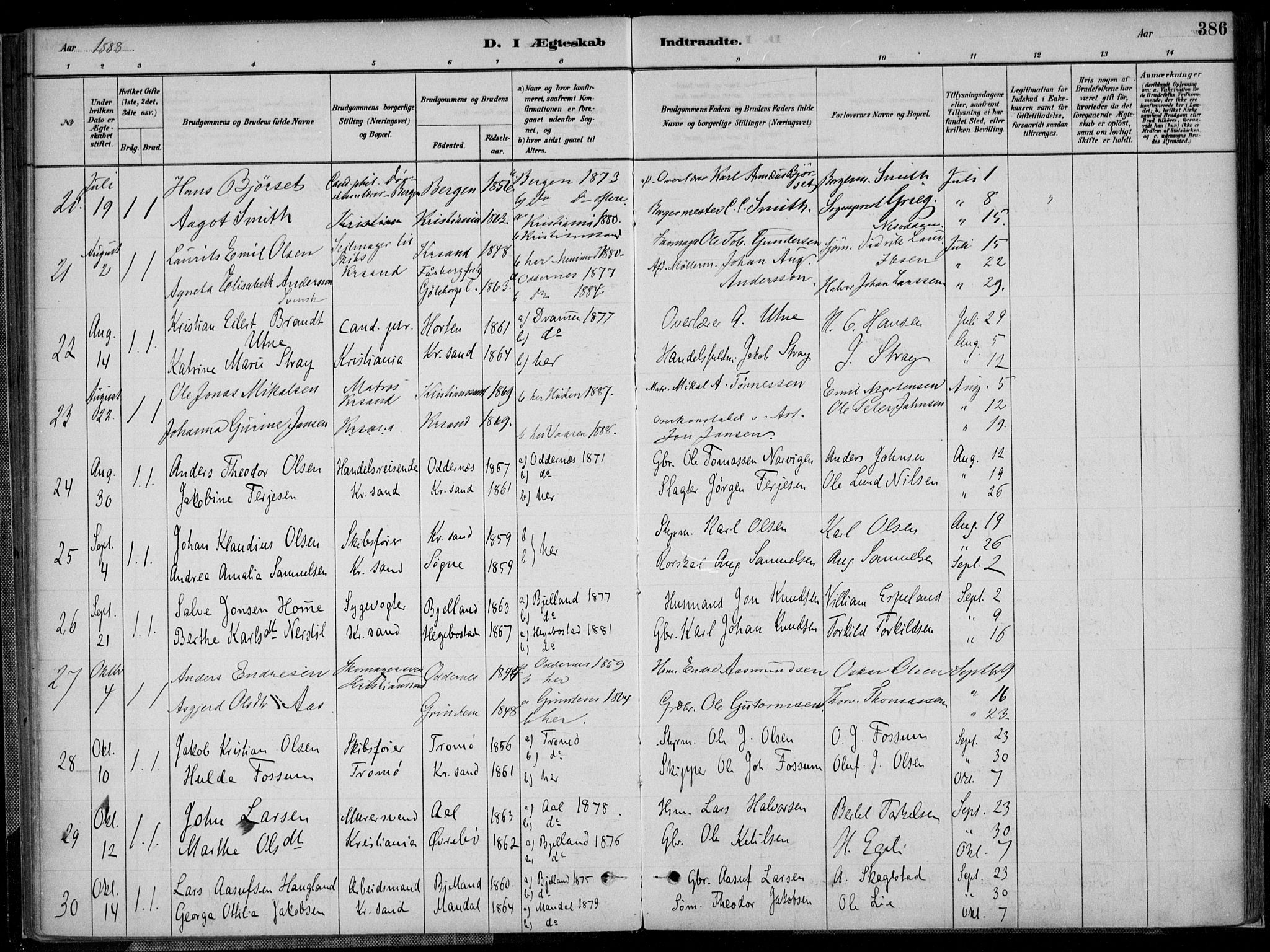 Kristiansand domprosti, SAK/1112-0006/F/Fa/L0017: Parish register (official) no. A 16B, 1880-1890, p. 386