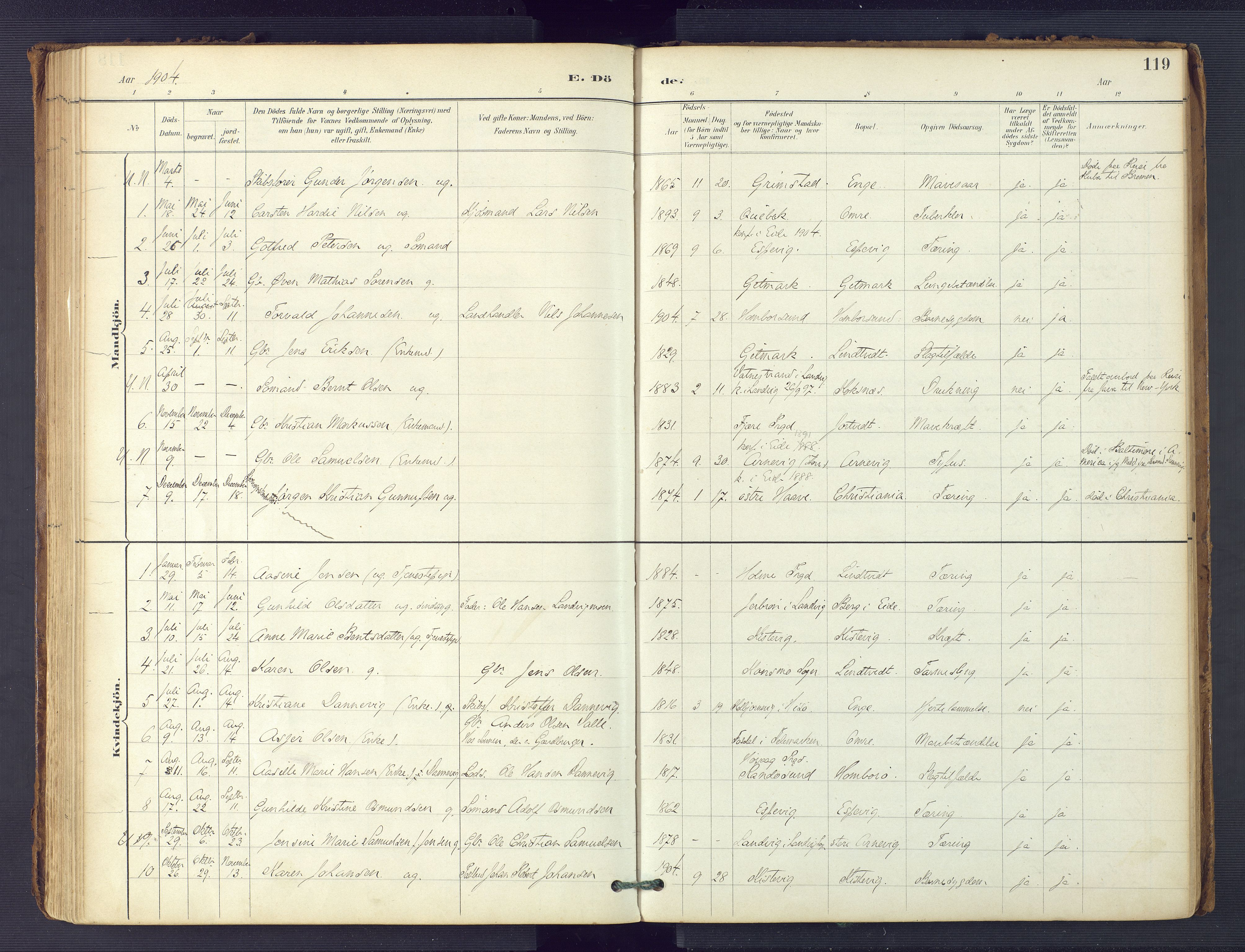 Hommedal sokneprestkontor, SAK/1111-0023/F/Fa/Faa/L0003: Parish register (official) no. A 3, 1885-1916, p. 119