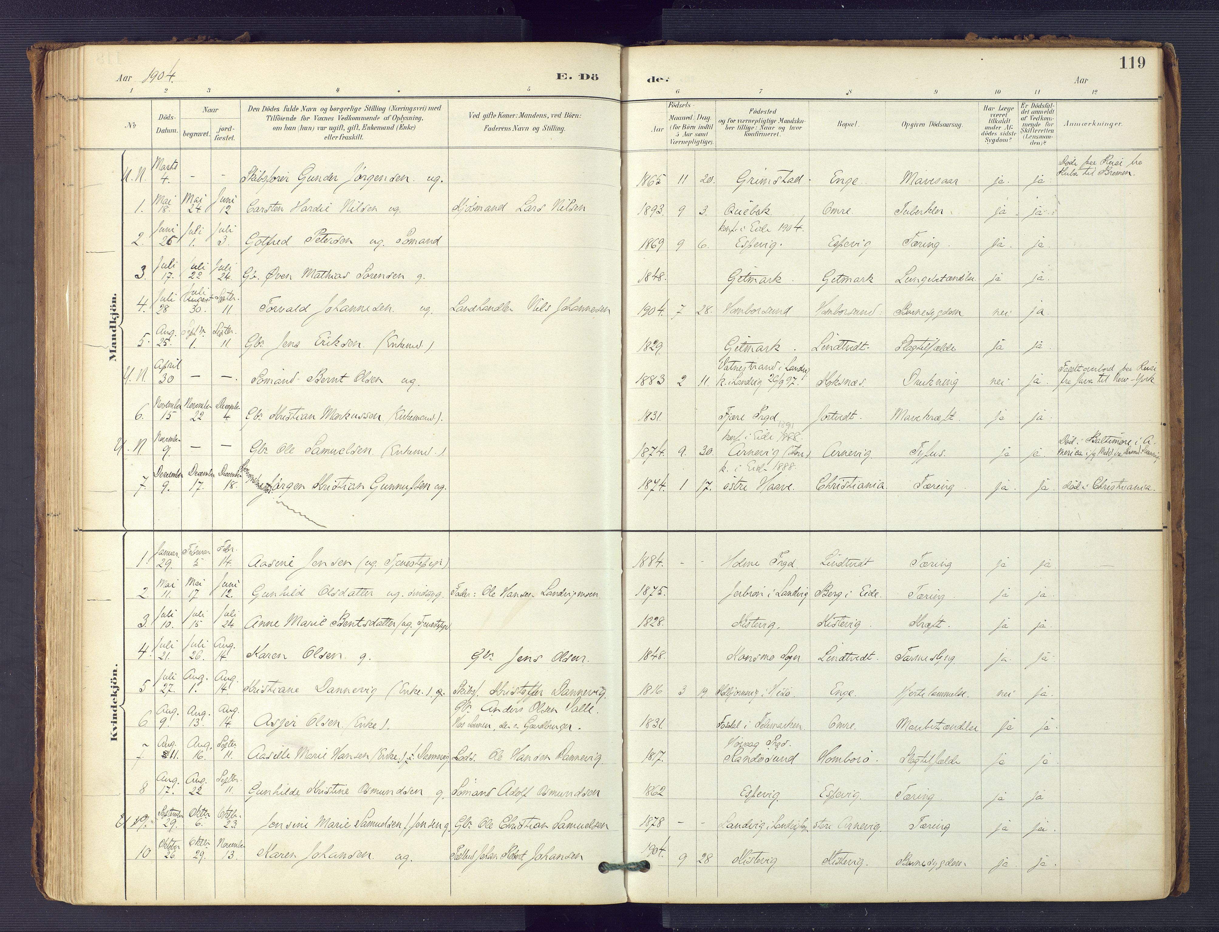 Hommedal sokneprestkontor, AV/SAK-1111-0023/F/Fa/Faa/L0003: Parish register (official) no. A 3, 1885-1916, p. 119