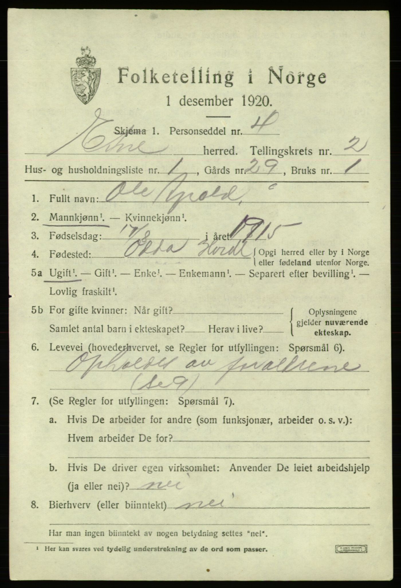 SAB, 1920 census for Etne, 1920, p. 1191