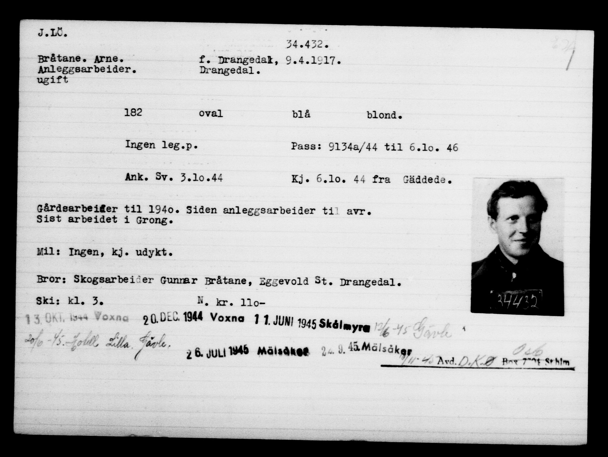 Utenriksstasjonene, Legasjonen i Stockholm, Flyktningkontoret, AV/RA-S-6753/V/Va/L0013: Kjesäterkartoteket, flyktninger med registreringsnr. 31500-34731, 1940-1945, p. 3086
