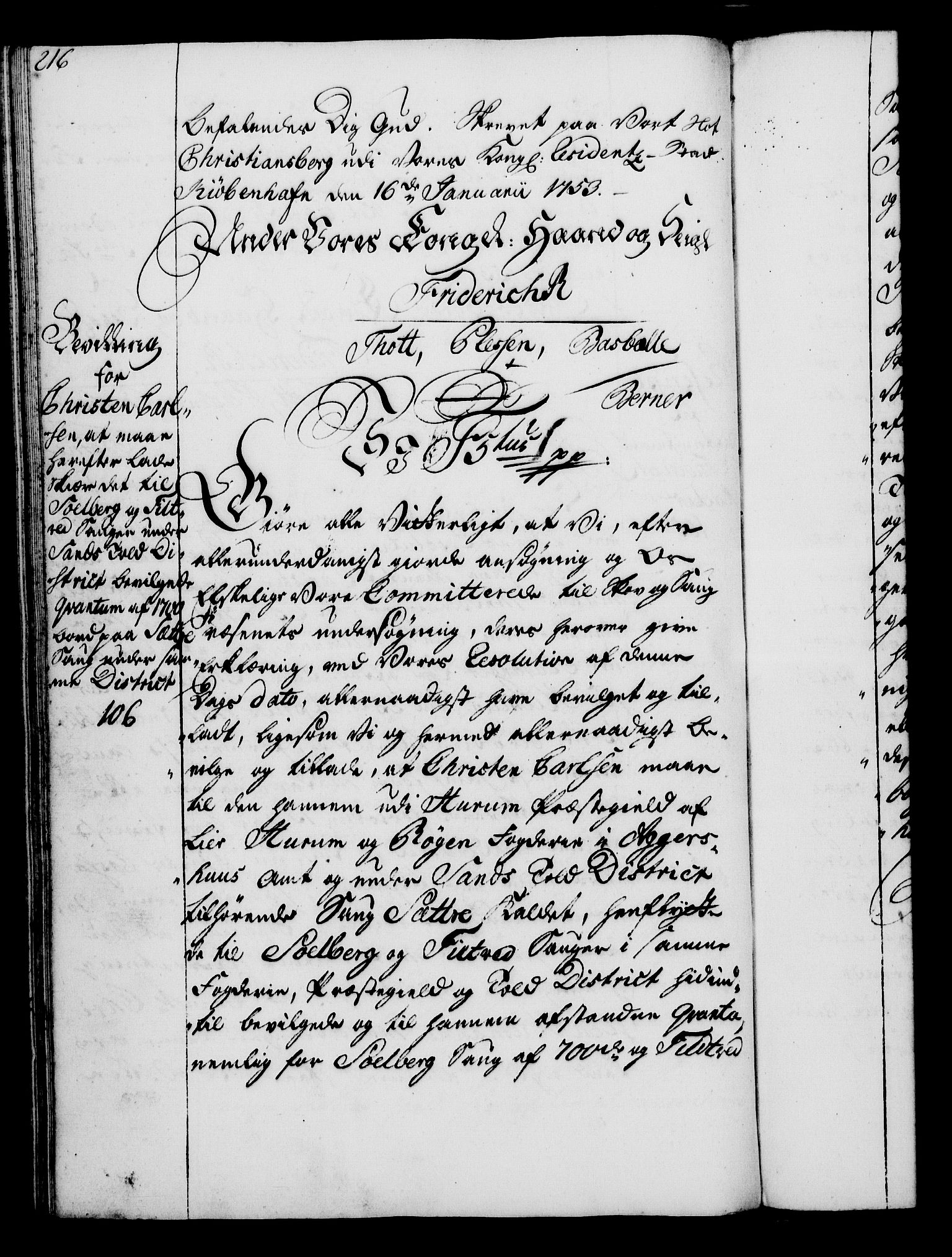 Rentekammeret, Kammerkanselliet, RA/EA-3111/G/Gg/Gga/L0006: Norsk ekspedisjonsprotokoll med register (merket RK 53.6), 1749-1759, p. 216