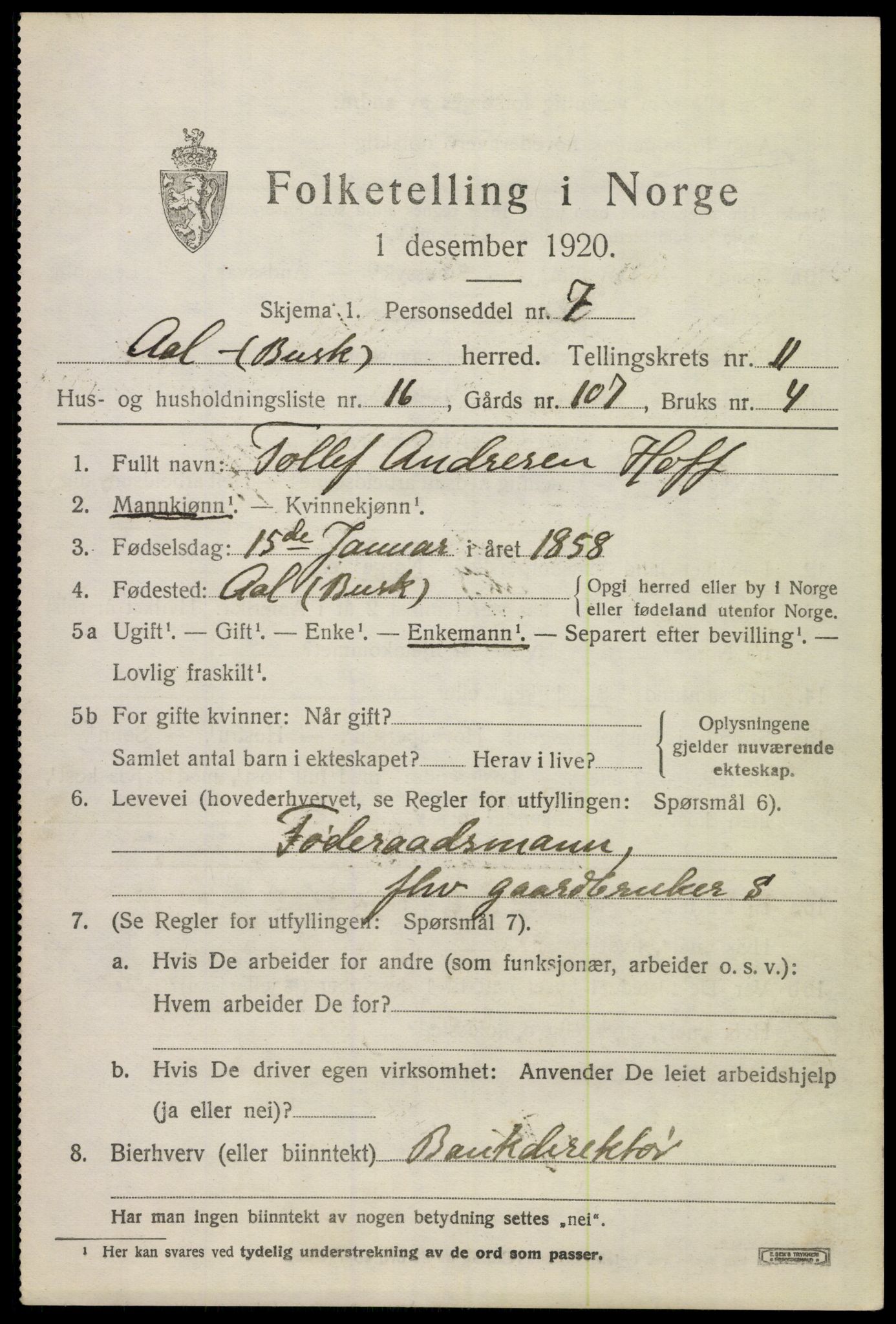 SAKO, 1920 census for Ål, 1920, p. 6434