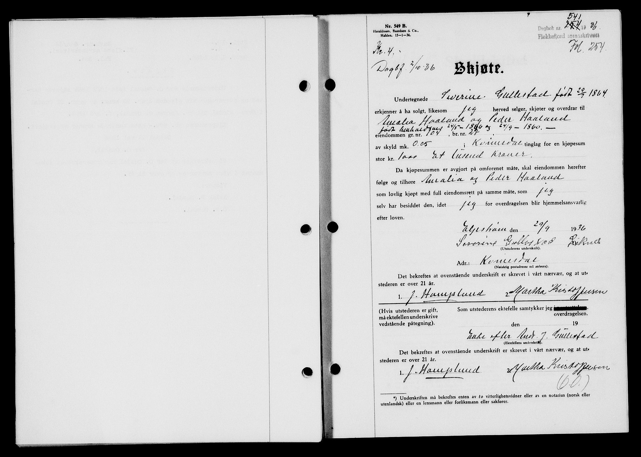 Flekkefjord sorenskriveri, SAK/1221-0001/G/Gb/Gba/L0053: Mortgage book no. A-1, 1936-1937, Diary no: : 541/1936