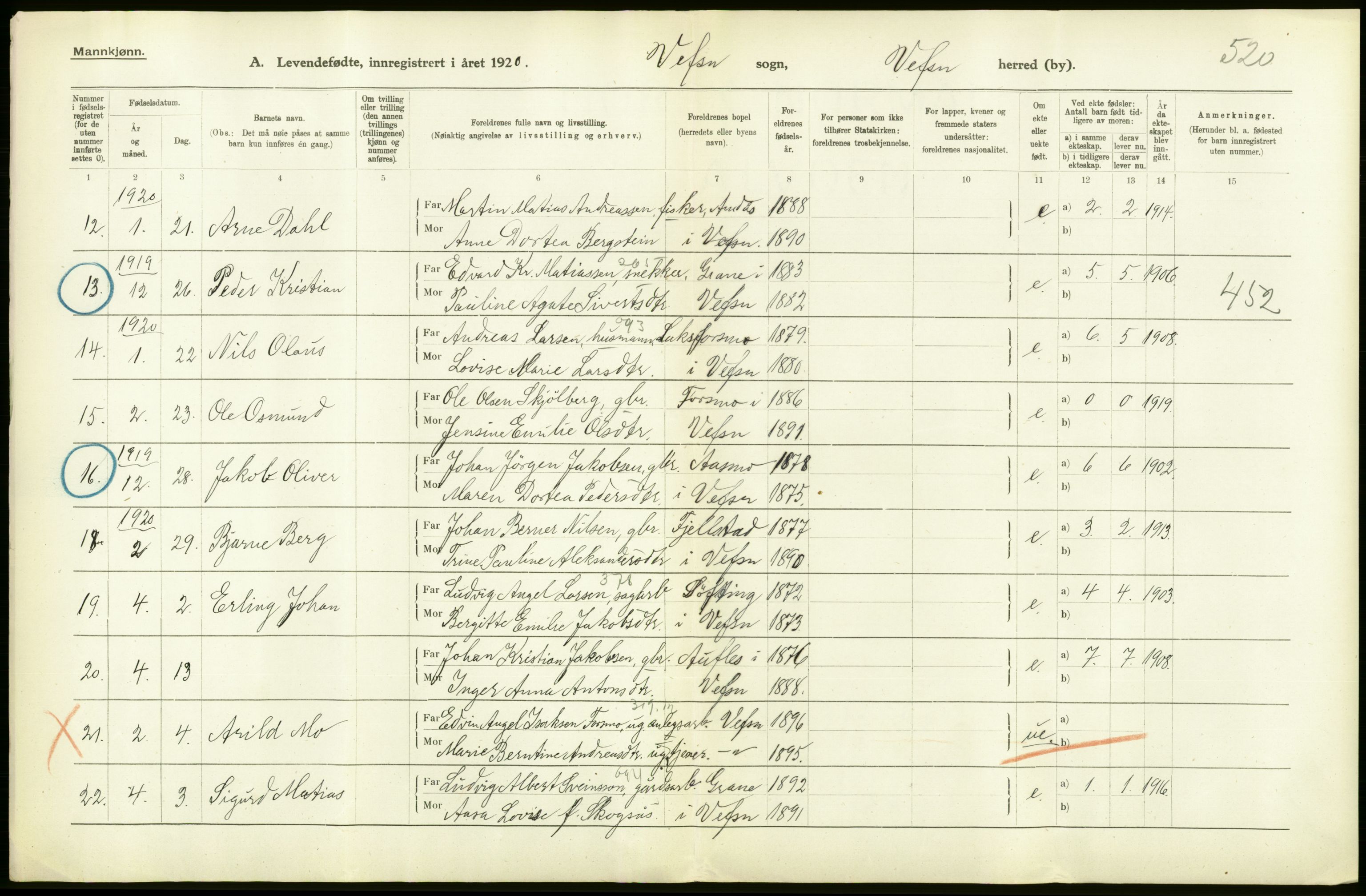 Statistisk sentralbyrå, Sosiodemografiske emner, Befolkning, AV/RA-S-2228/D/Df/Dfb/Dfbj/L0055: Nordland fylke: Levendefødte menn og kvinner. Bygder., 1920, p. 50