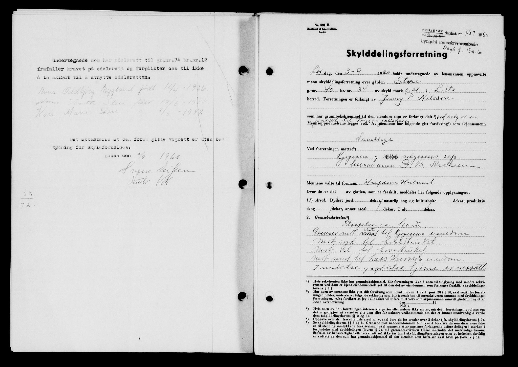 Lyngdal sorenskriveri, AV/SAK-1221-0004/G/Gb/L0680: Mortgage book no. A XXVI, 1960-1960, Diary no: : 787/1960