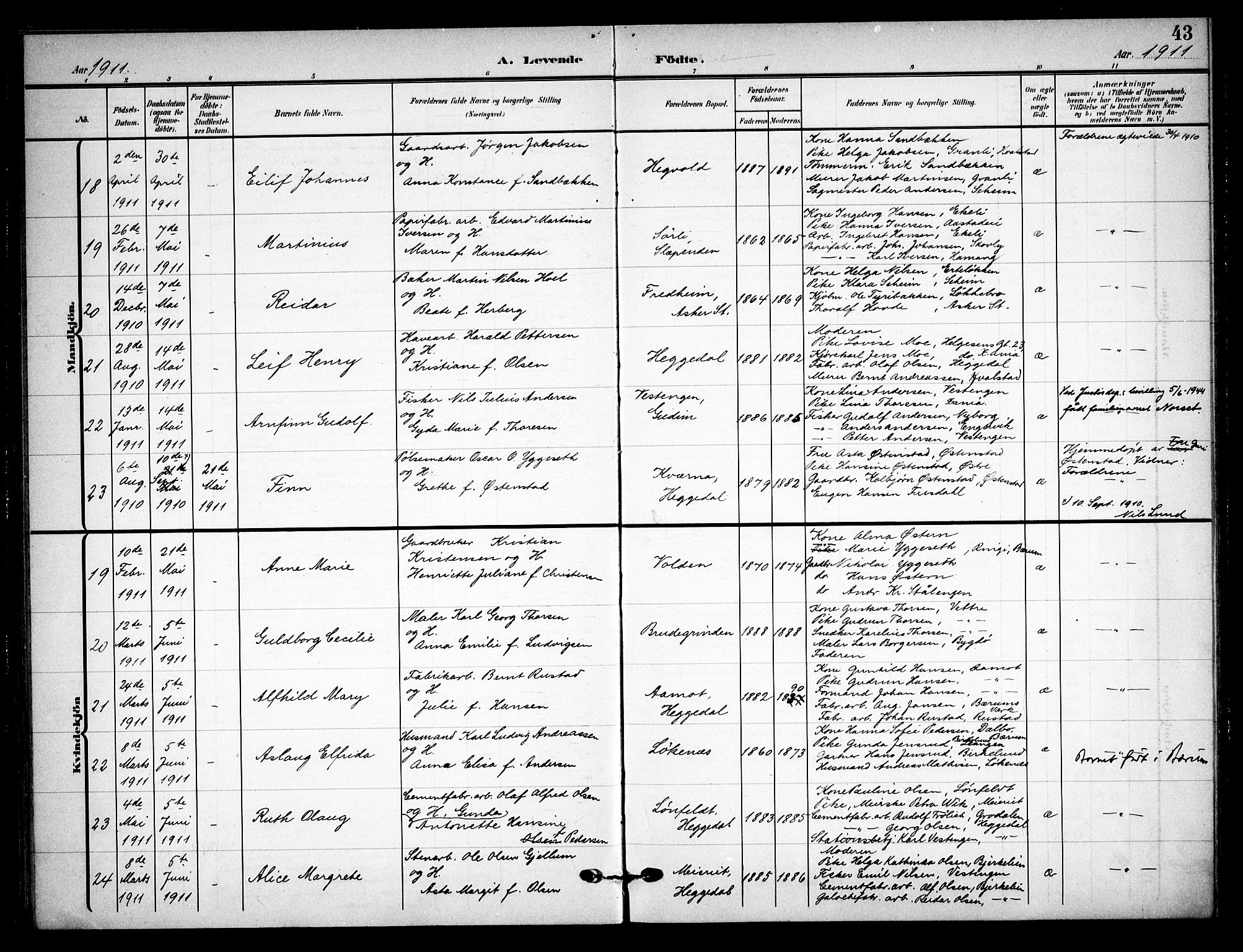 Asker prestekontor Kirkebøker, SAO/A-10256a/F/Fa/L0017: Parish register (official) no. I 17, 1907-1915, p. 43