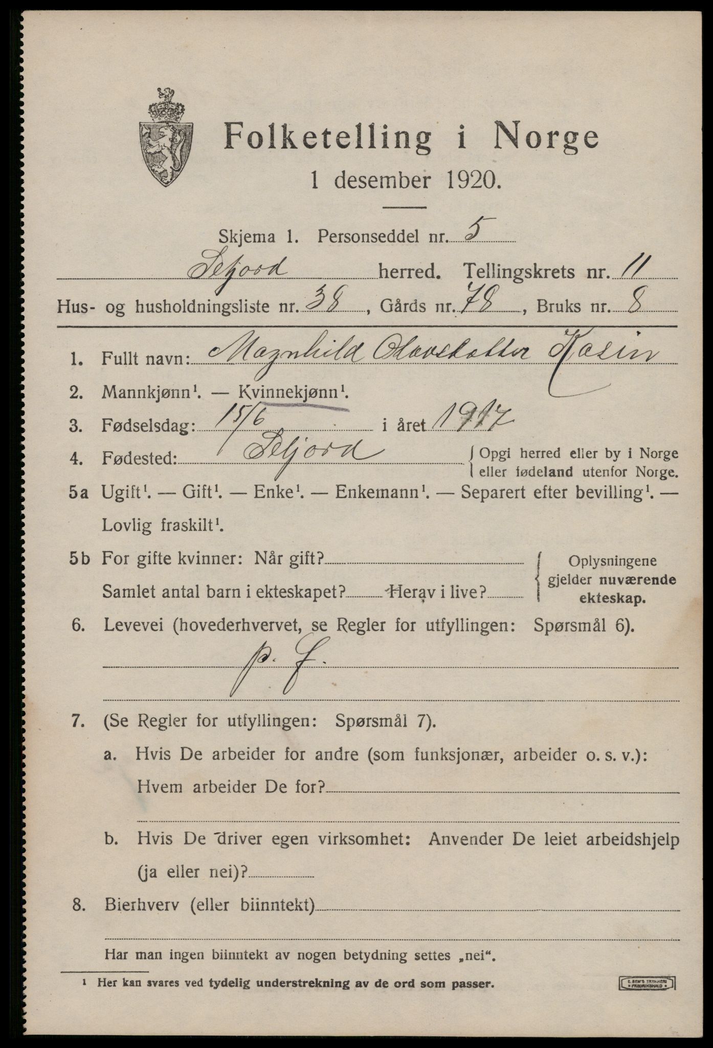 SAKO, 1920 census for Seljord, 1920, p. 5750