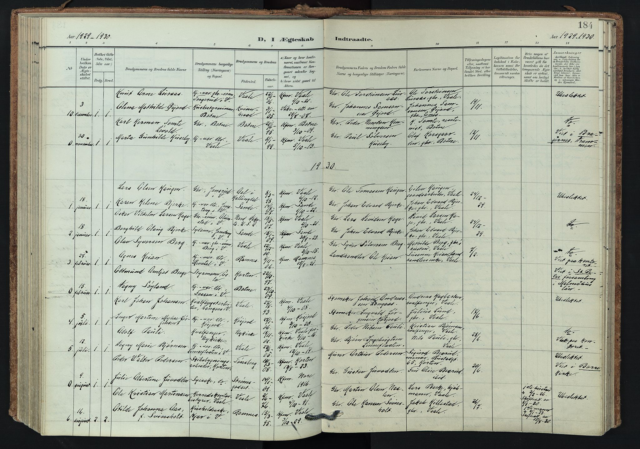 Våle kirkebøker, SAKO/A-334/F/Fa/L0012: Parish register (official) no. I 12, 1907-1934, p. 184