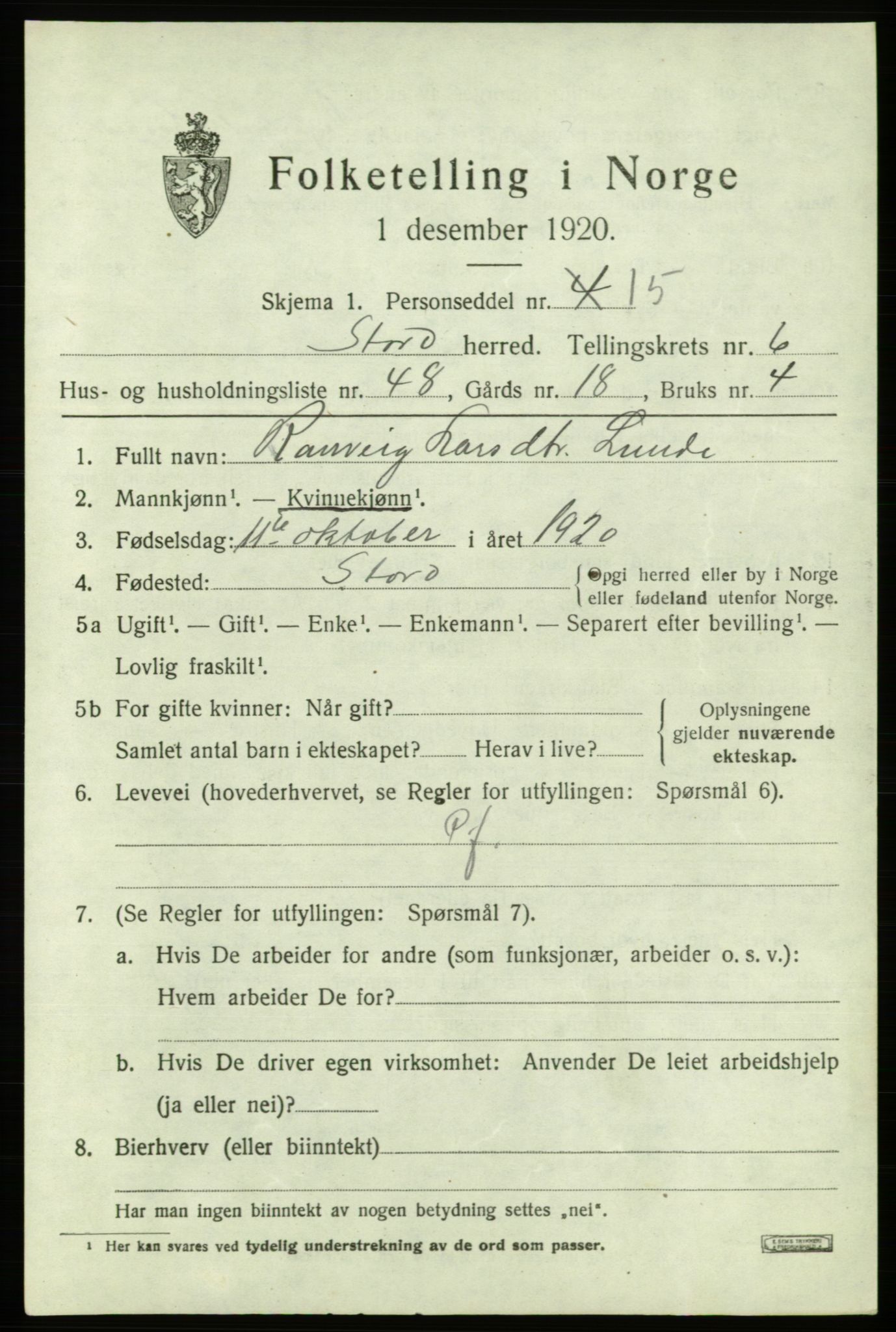 SAB, 1920 census for Stord, 1920, p. 3069