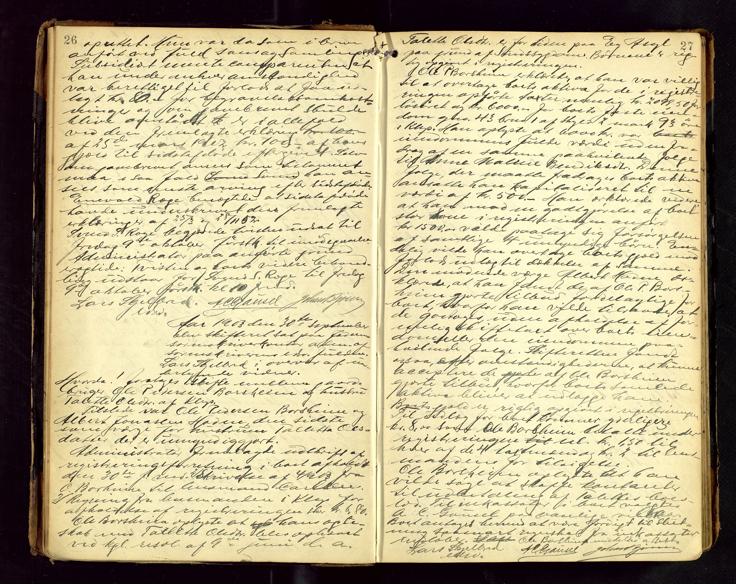 Jæren sorenskriveri, AV/SAST-A-100310/01/5/53/53BA/L0001: SKIFTEFORHANDLINGSPROTOKOLL, 1903-1908, p. 26-27