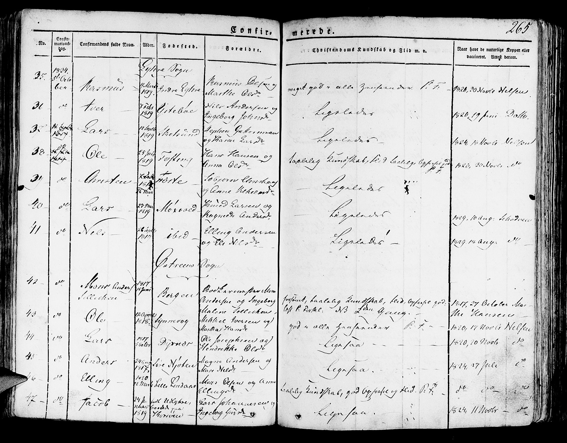 Lindås Sokneprestembete, AV/SAB-A-76701/H/Haa/Haaa/L0008: Parish register (official) no. A 8, 1823-1836, p. 265