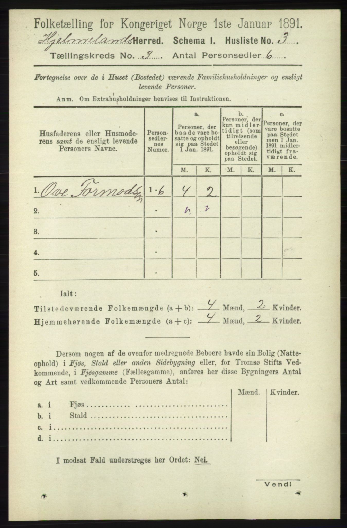 RA, 1891 census for 1133 Hjelmeland, 1891, p. 694