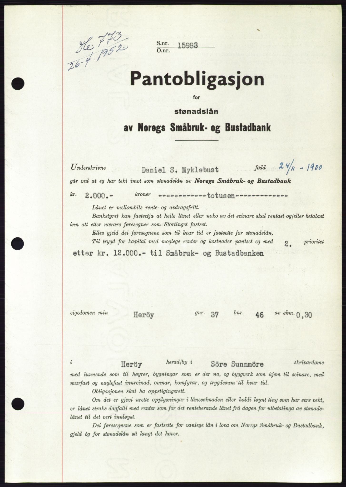 Søre Sunnmøre sorenskriveri, AV/SAT-A-4122/1/2/2C/L0121: Mortgage book no. 9B, 1951-1952, Diary no: : 773/1952