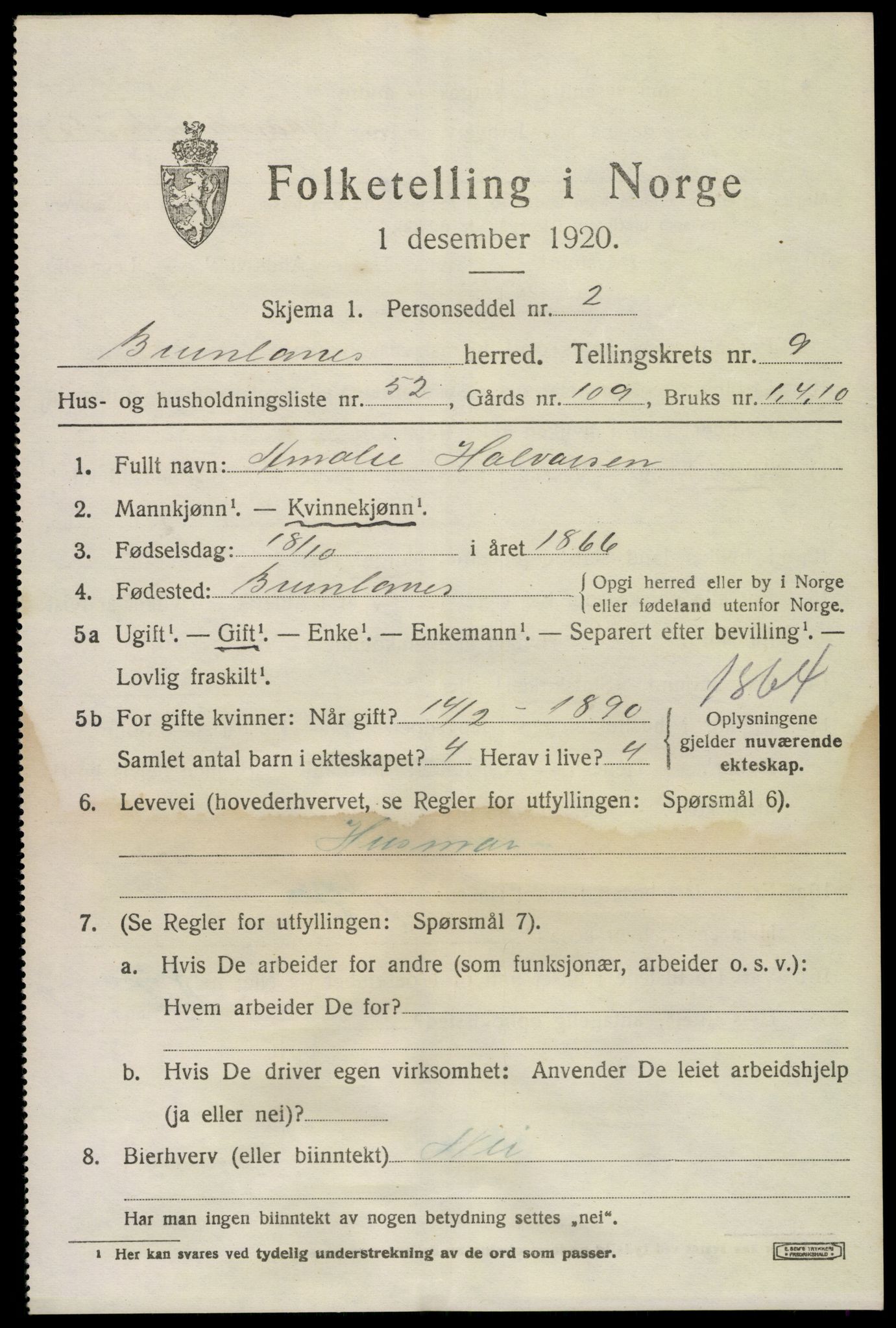 SAKO, 1920 census for Brunlanes, 1920, p. 8349