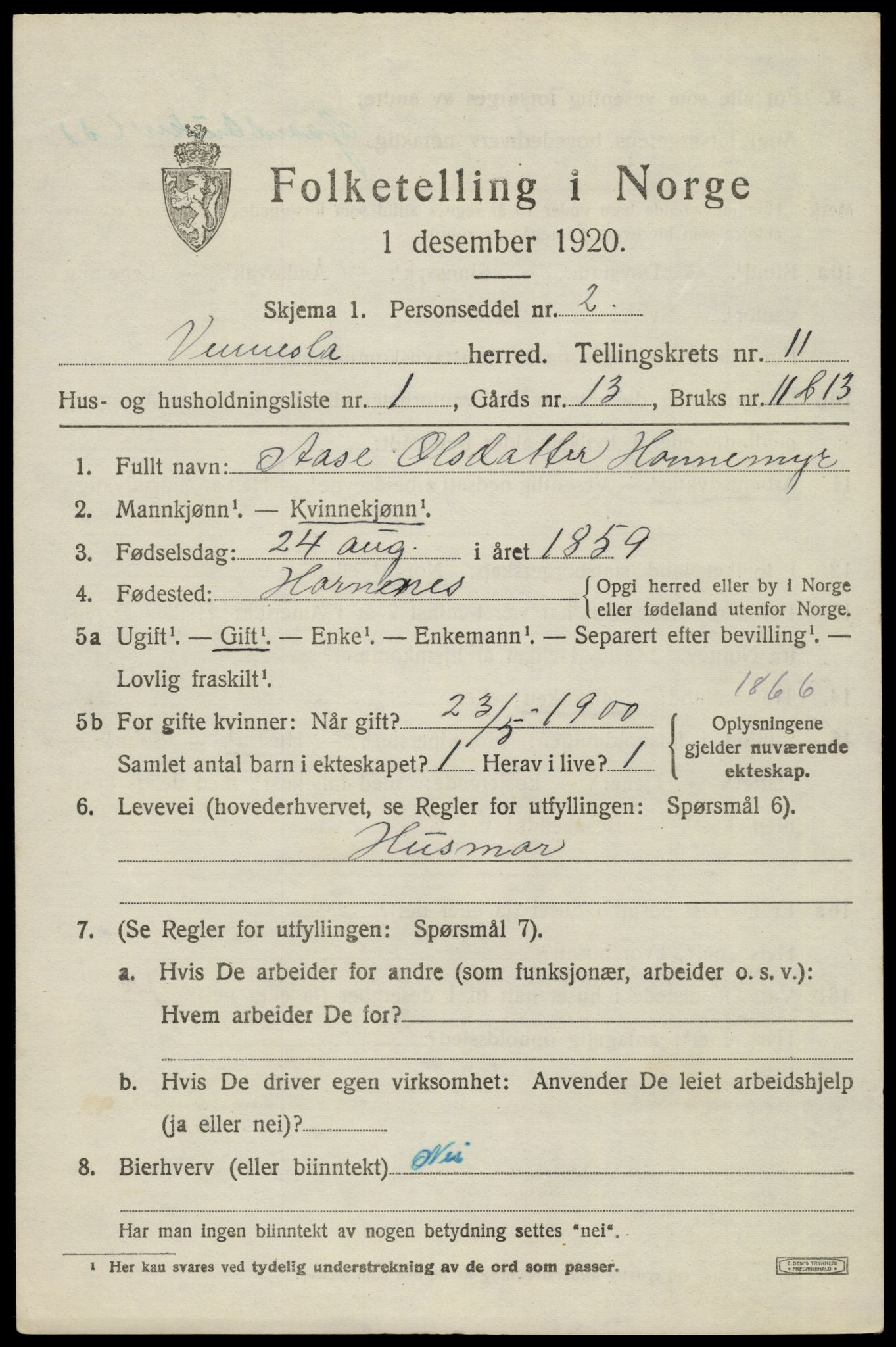 SAK, 1920 census for Vennesla, 1920, p. 7094