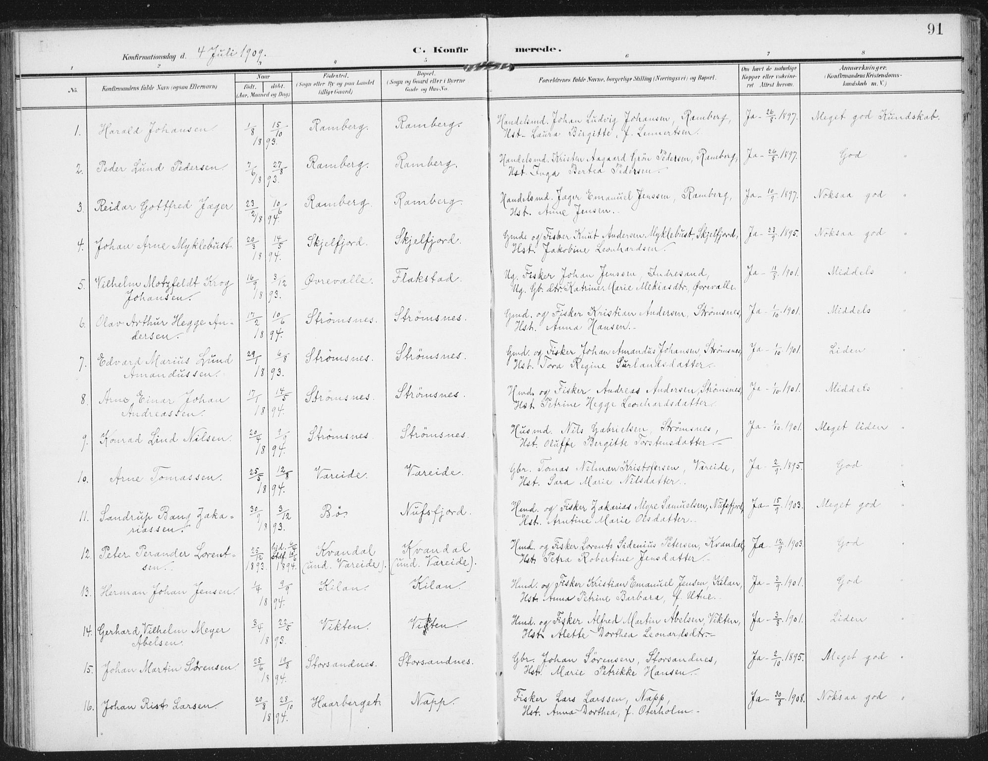 Ministerialprotokoller, klokkerbøker og fødselsregistre - Nordland, SAT/A-1459/885/L1206: Parish register (official) no. 885A07, 1905-1915, p. 91