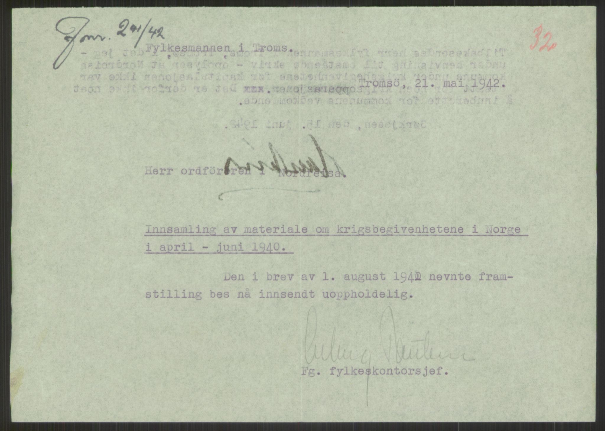 Forsvaret, Forsvarets krigshistoriske avdeling, AV/RA-RAFA-2017/Y/Ya/L0017: II-C-11-31 - Fylkesmenn.  Rapporter om krigsbegivenhetene 1940., 1940, p. 637