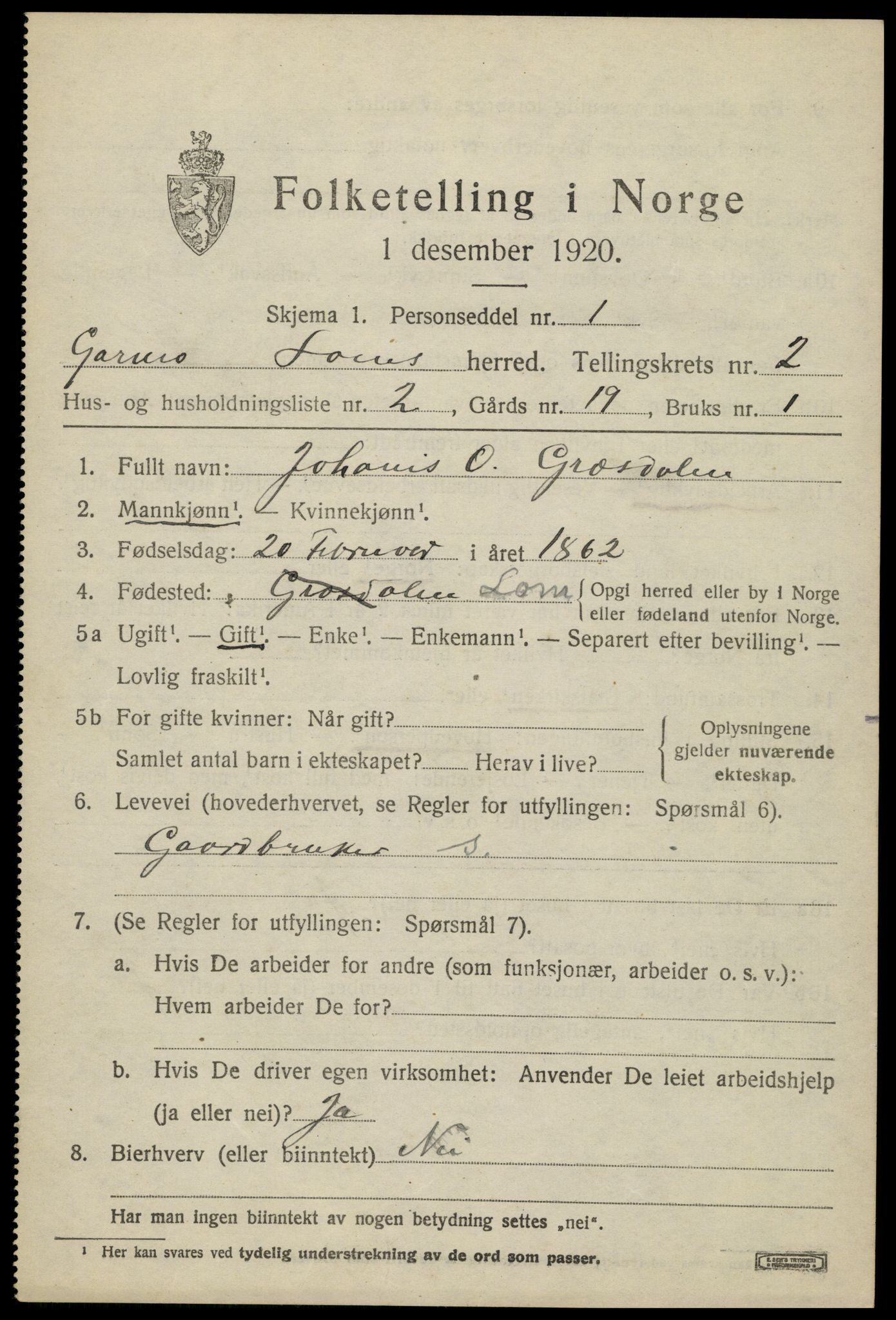 SAH, 1920 census for Lom, 1920, p. 1780