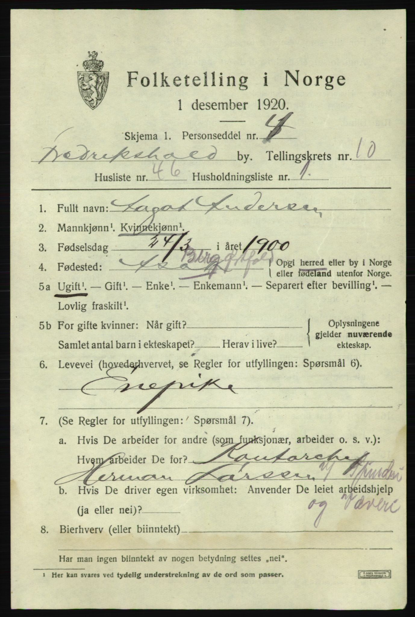 SAO, 1920 census for Fredrikshald, 1920, p. 18705