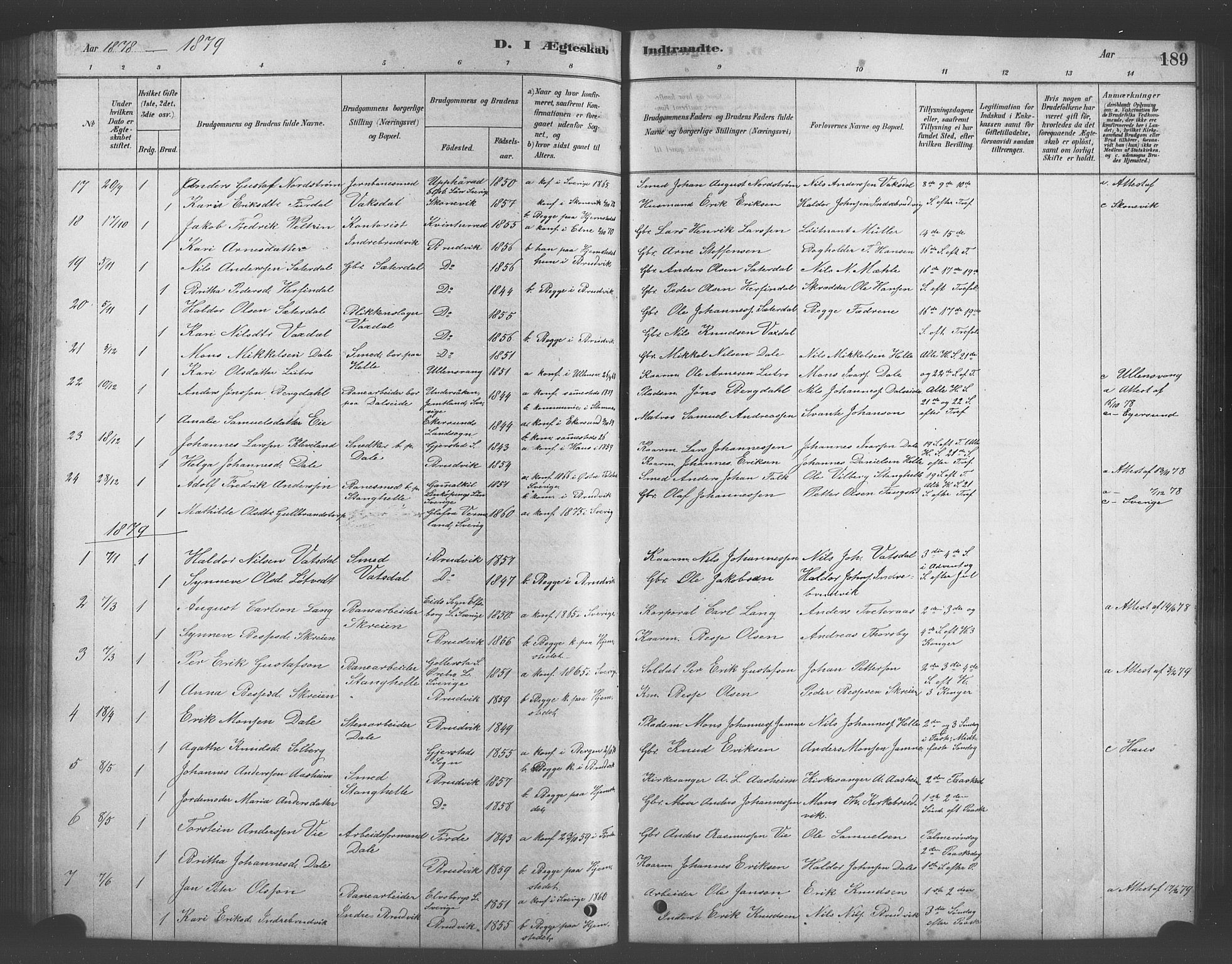 Bruvik Sokneprestembete, SAB/A-74701/H/Hab: Parish register (copy) no. A 1, 1878-1907, p. 189