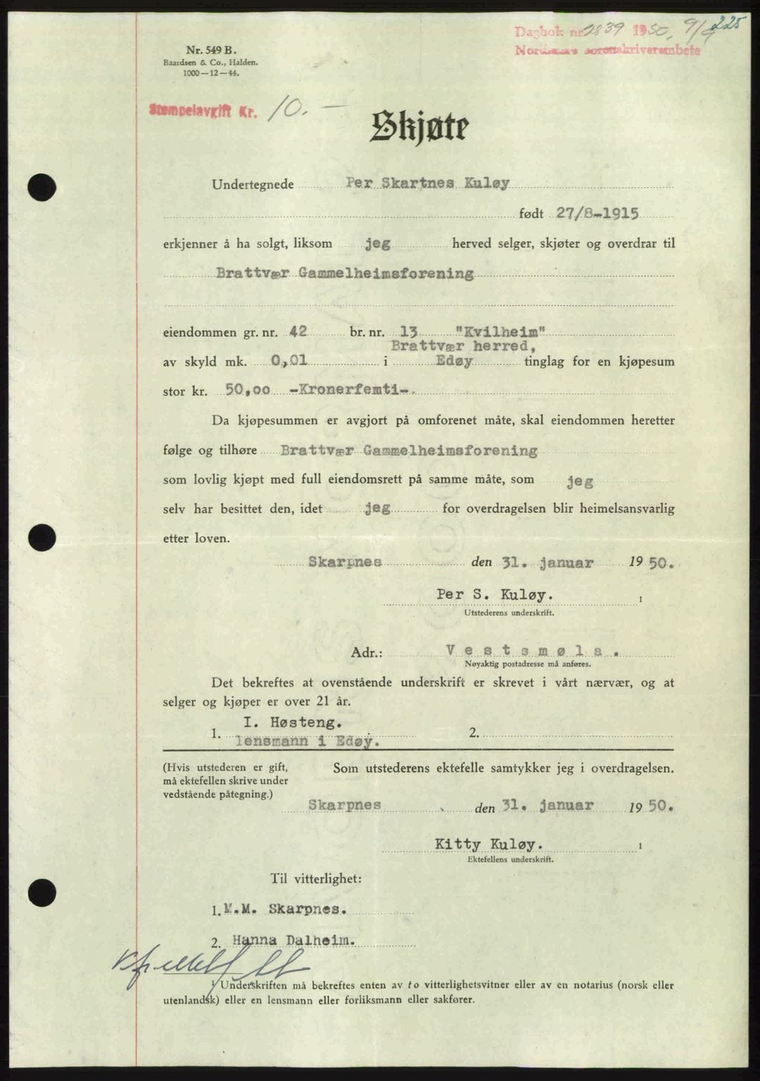 Nordmøre sorenskriveri, AV/SAT-A-4132/1/2/2Ca: Mortgage book no. A116, 1950-1950, Diary no: : 2839/1950