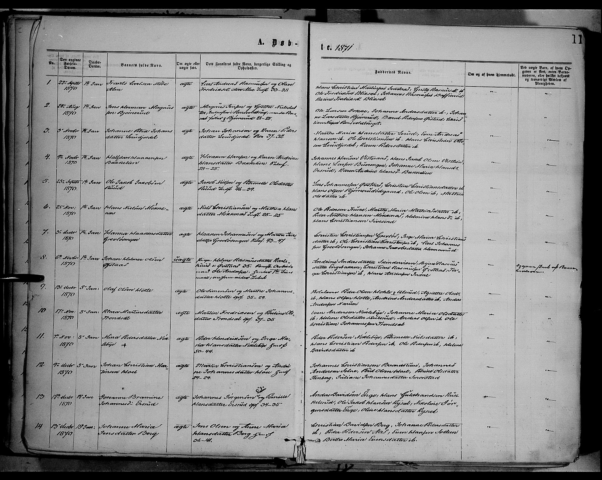 Vestre Toten prestekontor, SAH/PREST-108/H/Ha/Haa/L0008: Parish register (official) no. 8, 1870-1877, p. 11